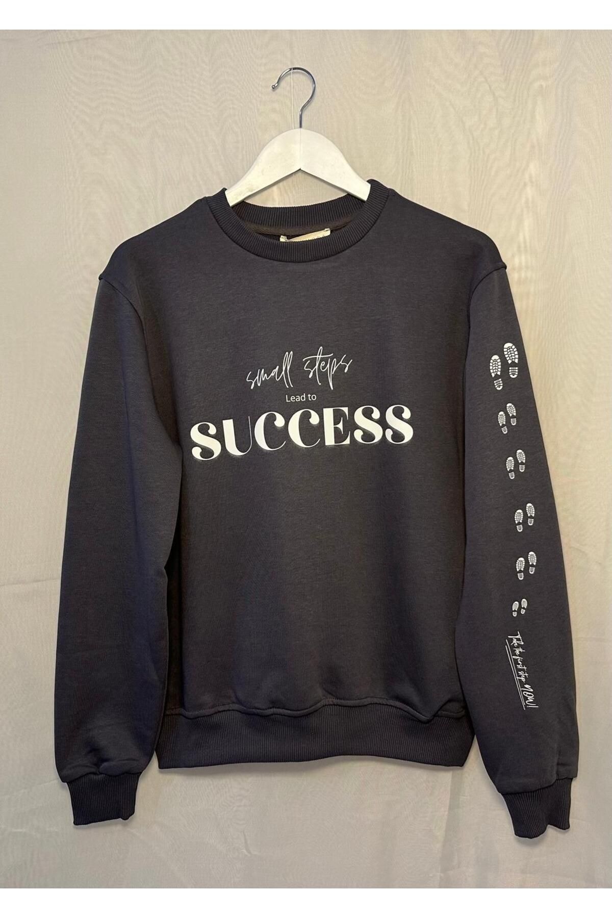 Füme Gri %100 Pamuk Oversize Sweatshirt | “Small Steps Lead To Success” 