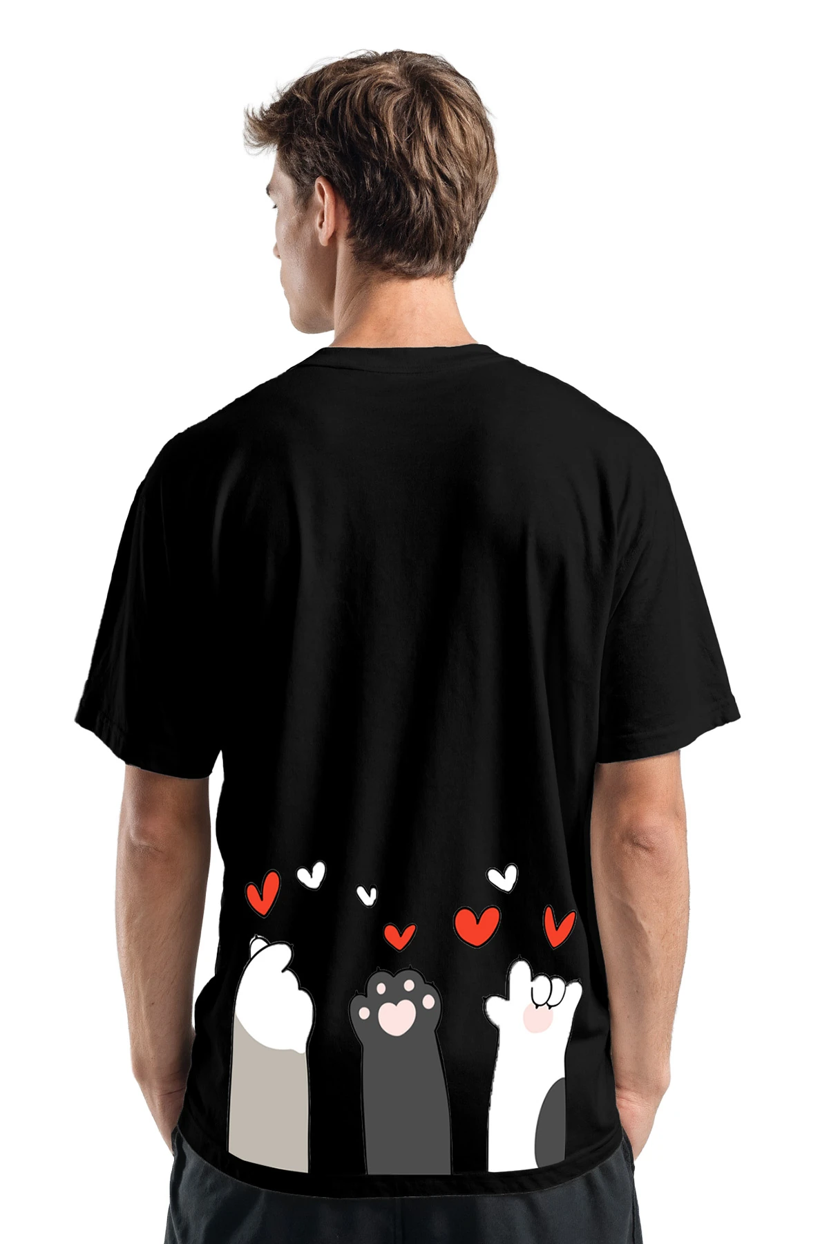 “Paw Love” Kedi Pati Baskılı Oversize Tişört (%100 Pamuk, Unisex)