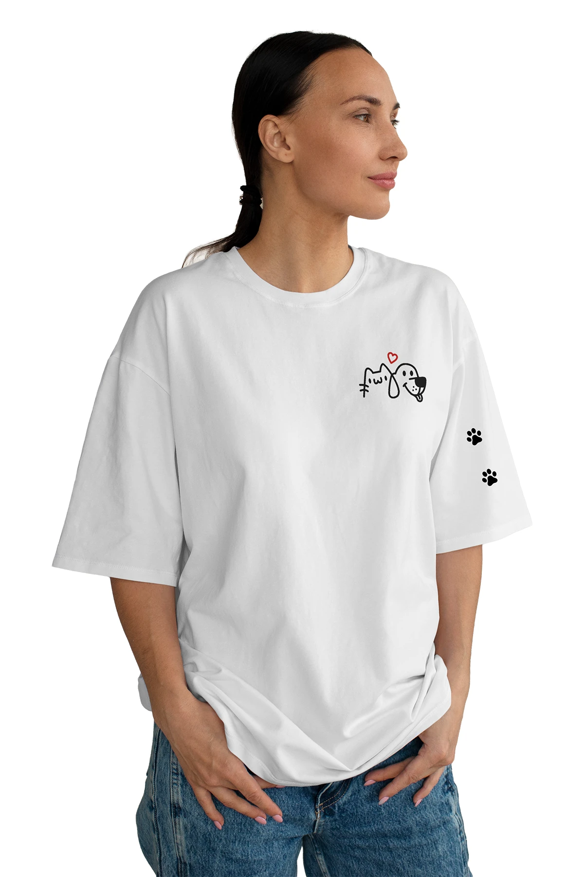 “Paw Love” Kedi & Köpek Baskılı Oversize Tişört (%100 Pamuk, Unisex)