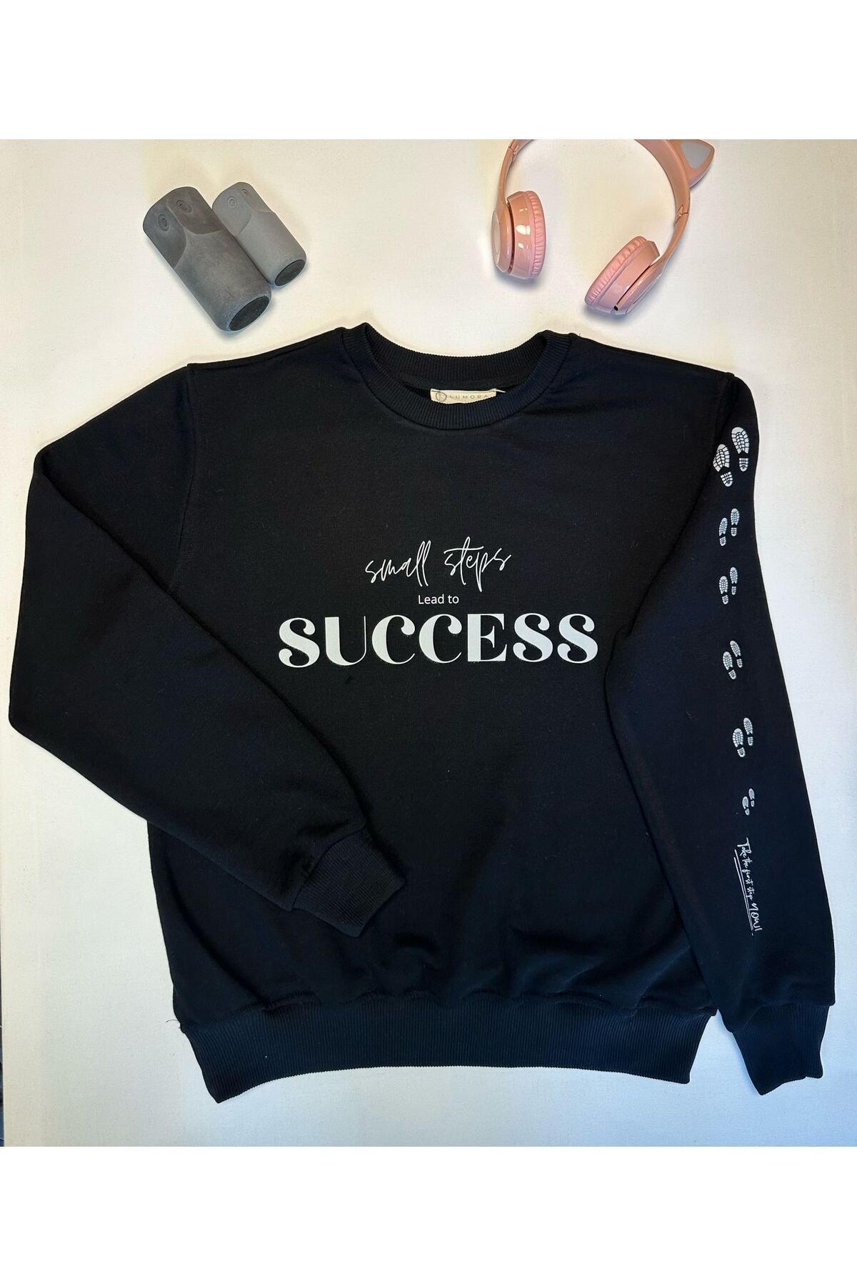Siyah %100 Pamuk Oversize Sweatshirt  | “Small Steps Lead To Success”