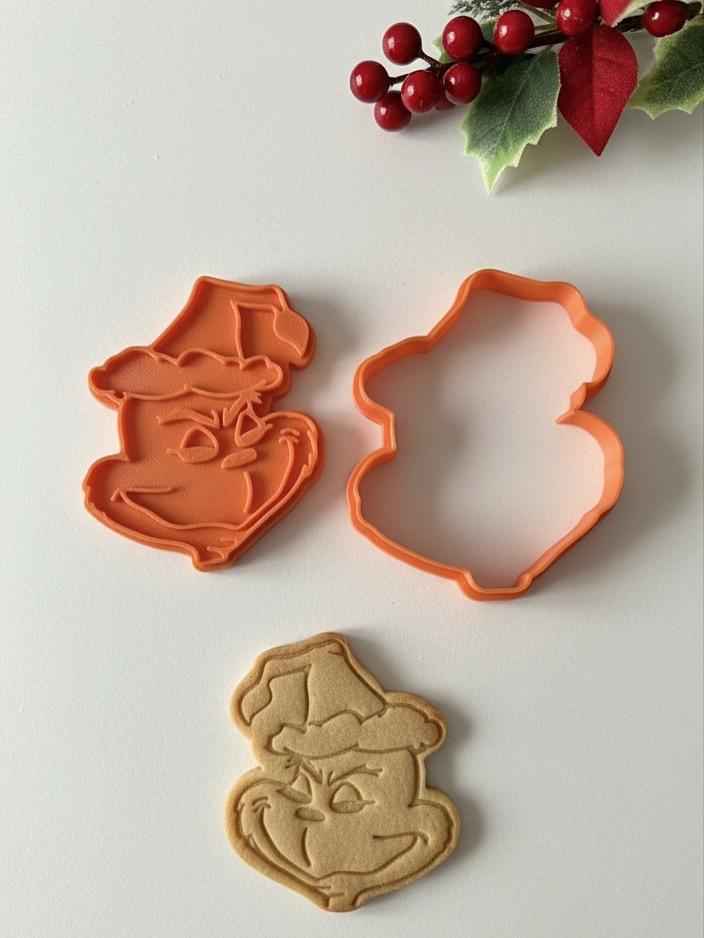 💚 3D Baskı Grinch Baskı ve Kesme Kalıbı – Kurabiye, Polimer Kil ve Seramik Çamuru ile Kullanıma Uygun 🎄