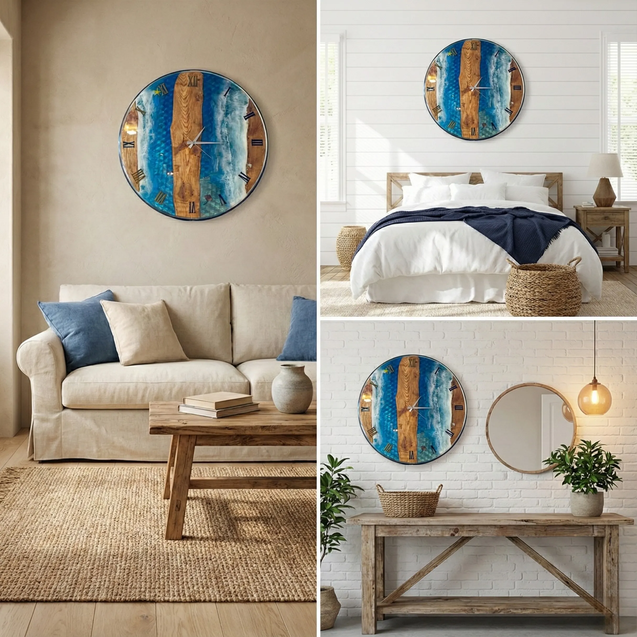 Okyanus Reçine Ahşap Duvar Saati, Canlı Kenarlı Plaj Dalgası Sanatı