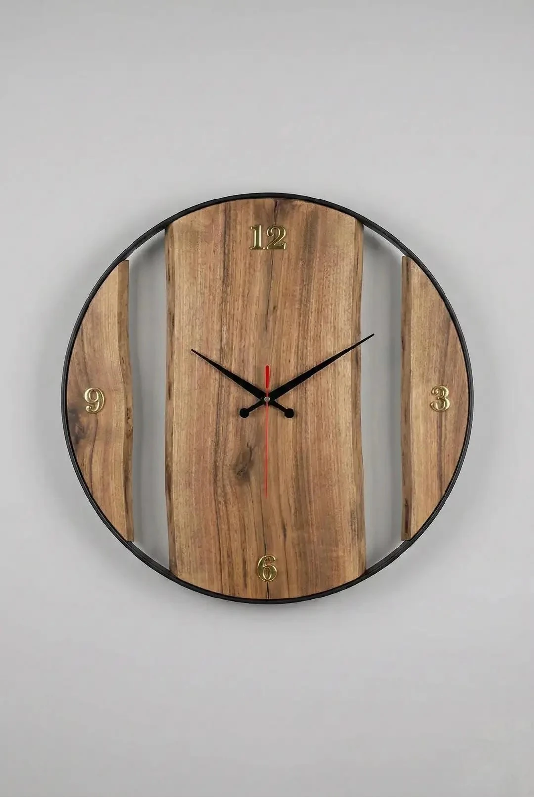  Ceviz Ağacından El Yapımı Ahşap Duvar Saati - Metal Çerçeveli - 40 cm