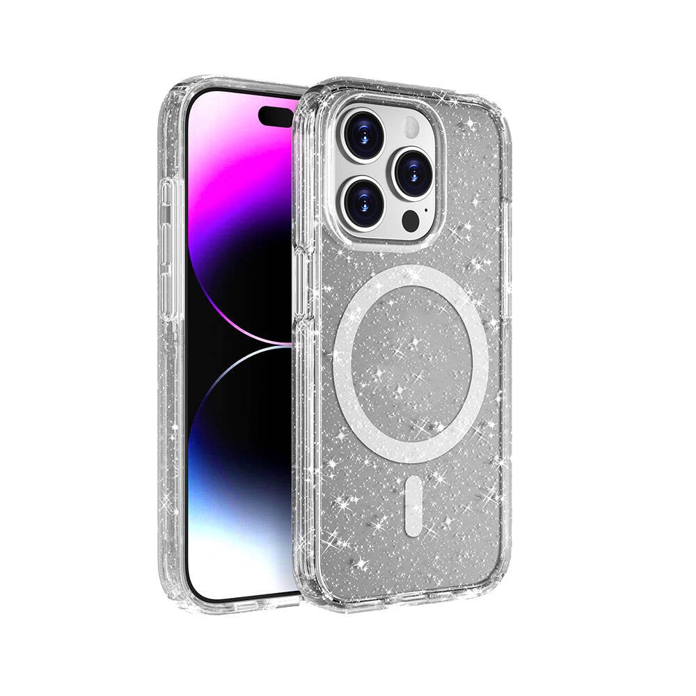iPhone 15 Pro Max Kılıf Magsafe Şarj Özellikli Parlayan Simli Saydam Renkli Zore Allstar Kılıf