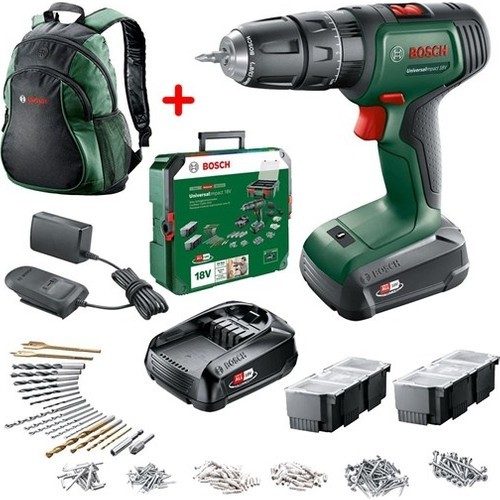 Bosch UniversalImpact 18V Akülü Darbeli Matkap (1,5Ah, Çift Akü) SBX + 241 Aksesuar Setli - 06039D4103 + Bosch Yeşil Sırt Çantası