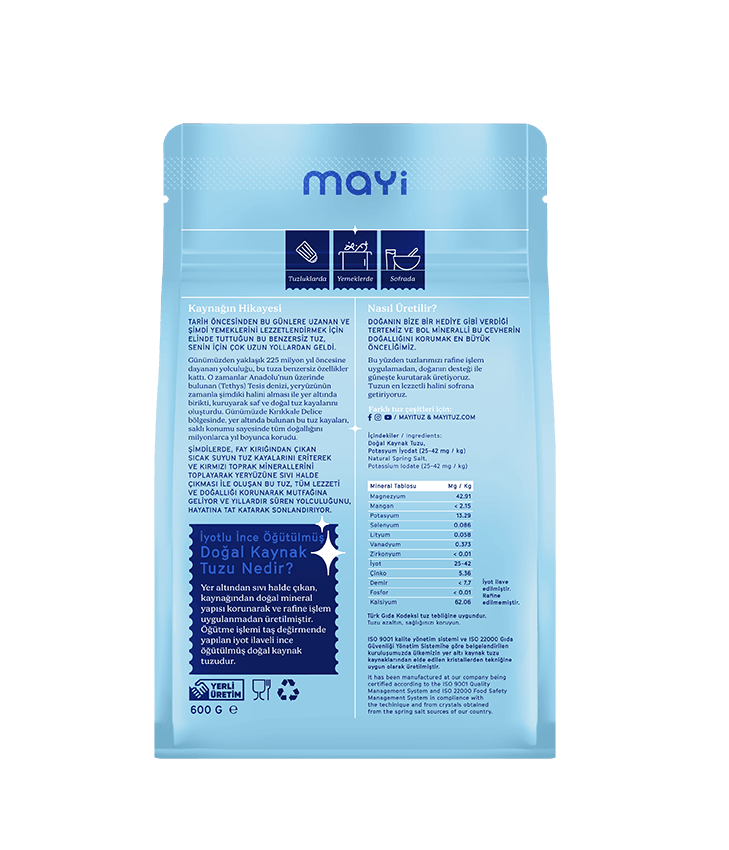 MAYİ ÖĞÜTÜLMÜŞ SOFRA TUZU 600 GR (İYOT İLAVELİ)