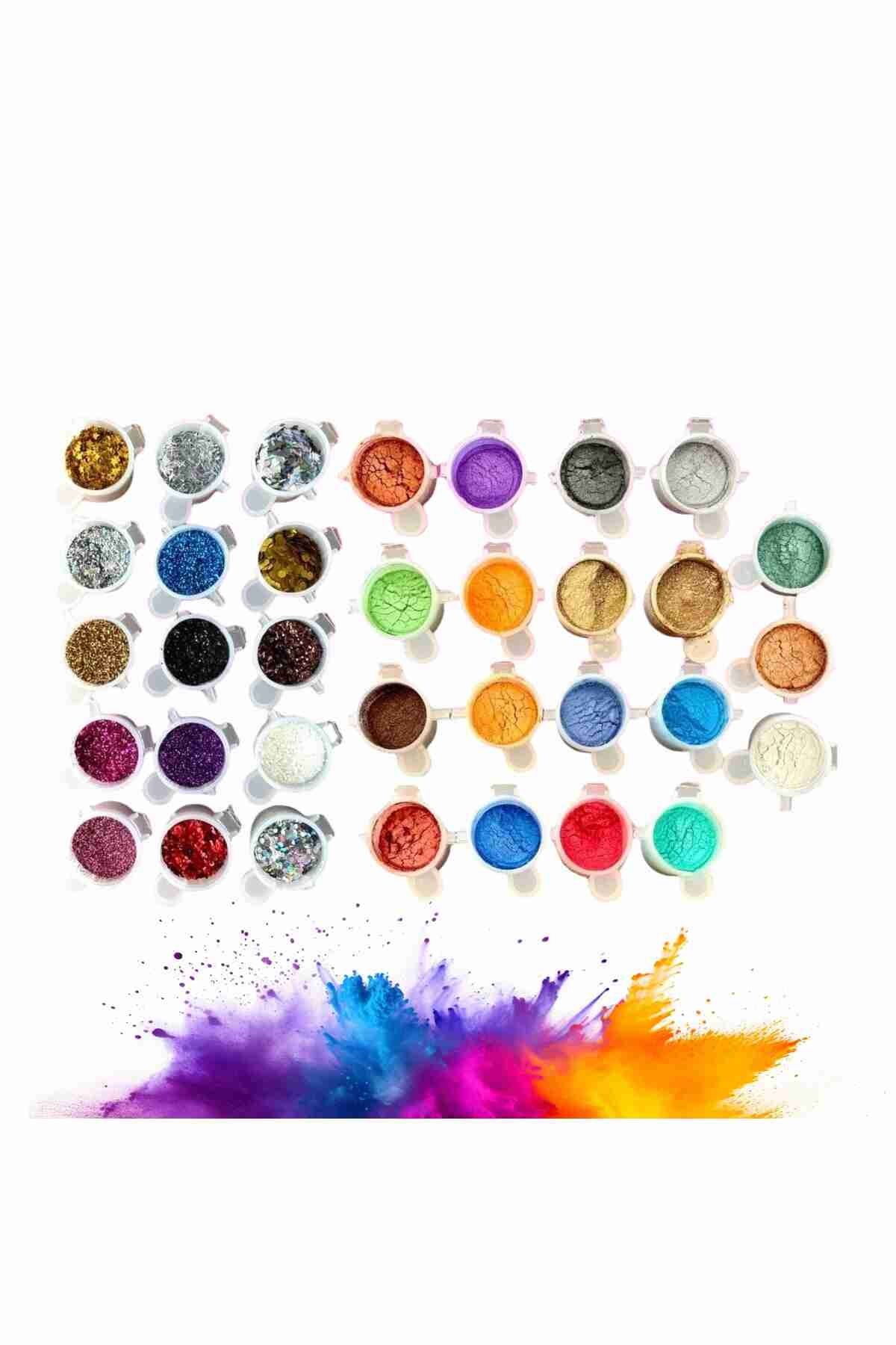 34 ADET Epoksi Mica Sedef Pigment ve Glitter Sim Seti , Epoksi Başlangıç Seti, Epoksi Sedef Pigment