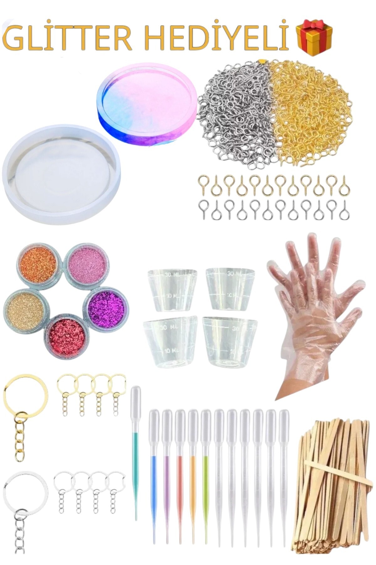 Epoksi Başlangıç Seti 310 Parça'lı Silikon Kalıp Takı Çivileri Glitter Döküm Kabı Damlalık SET V3 X1