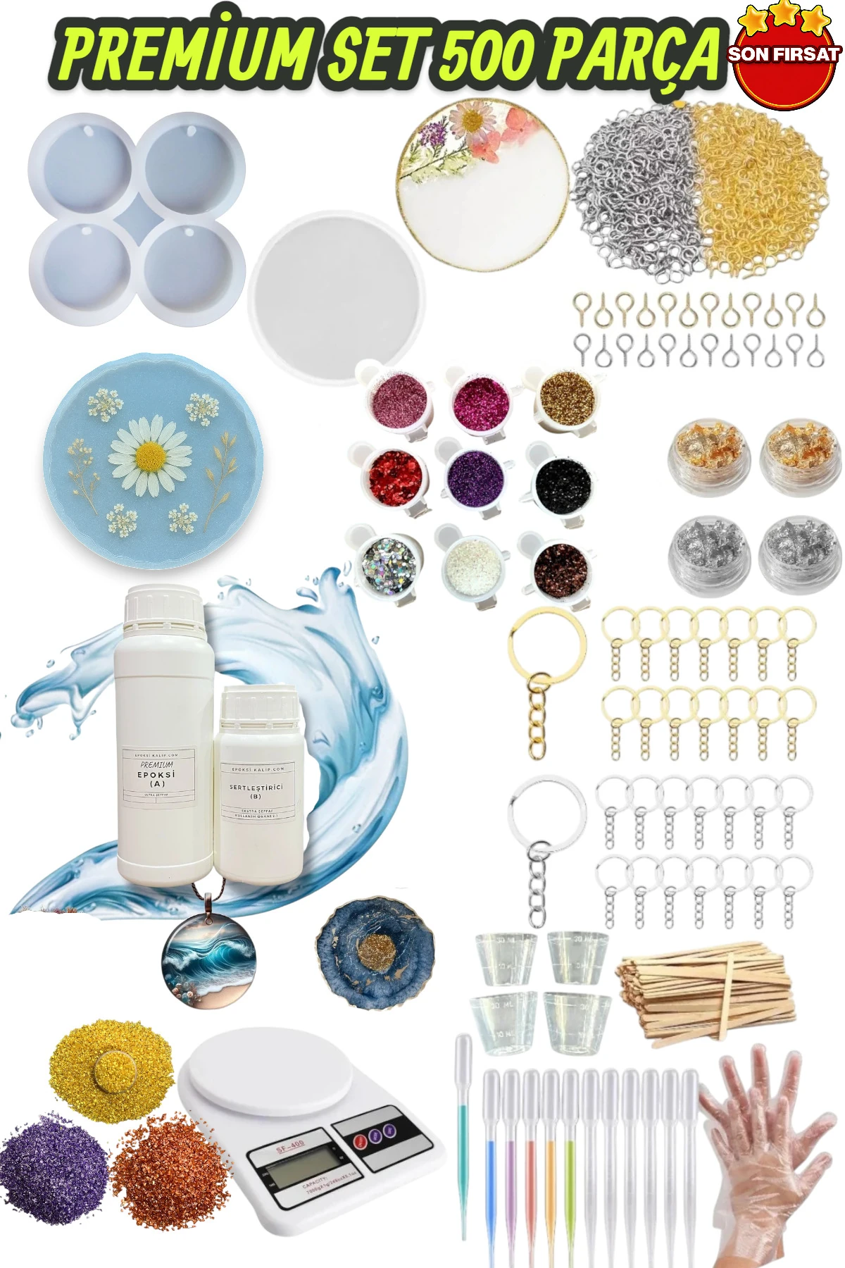 Premium Epoksi Reçine Başlangıç Seti 500 Parça 1.5 Kg Epoksi Glitter Kalıplar Terazi Full Ekipman