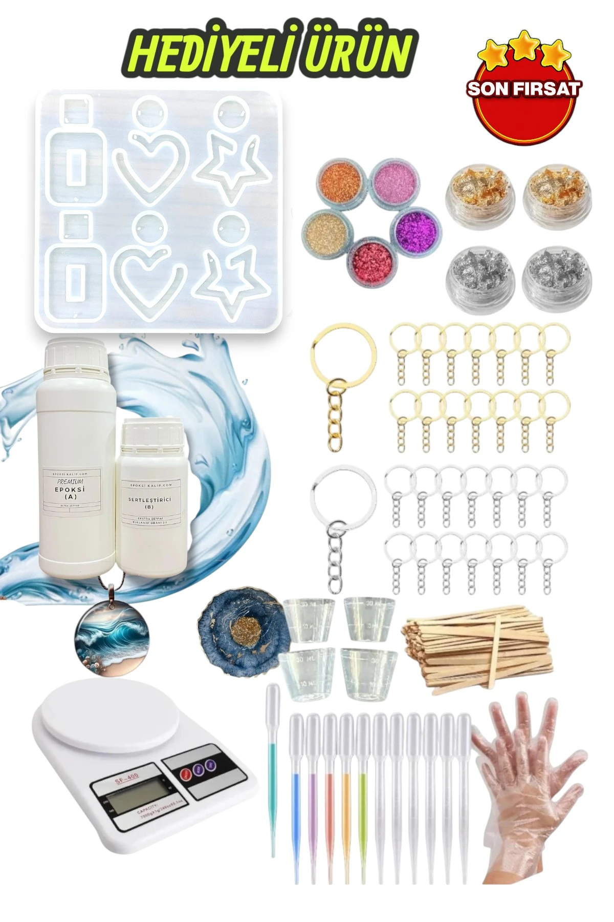 3 KG EPOKSİLİ Şeffaf Epoksi Reçine Tartılı + Epoksi Başlangıç Seti Kendi Işini Kur Seti HEDİYELİ