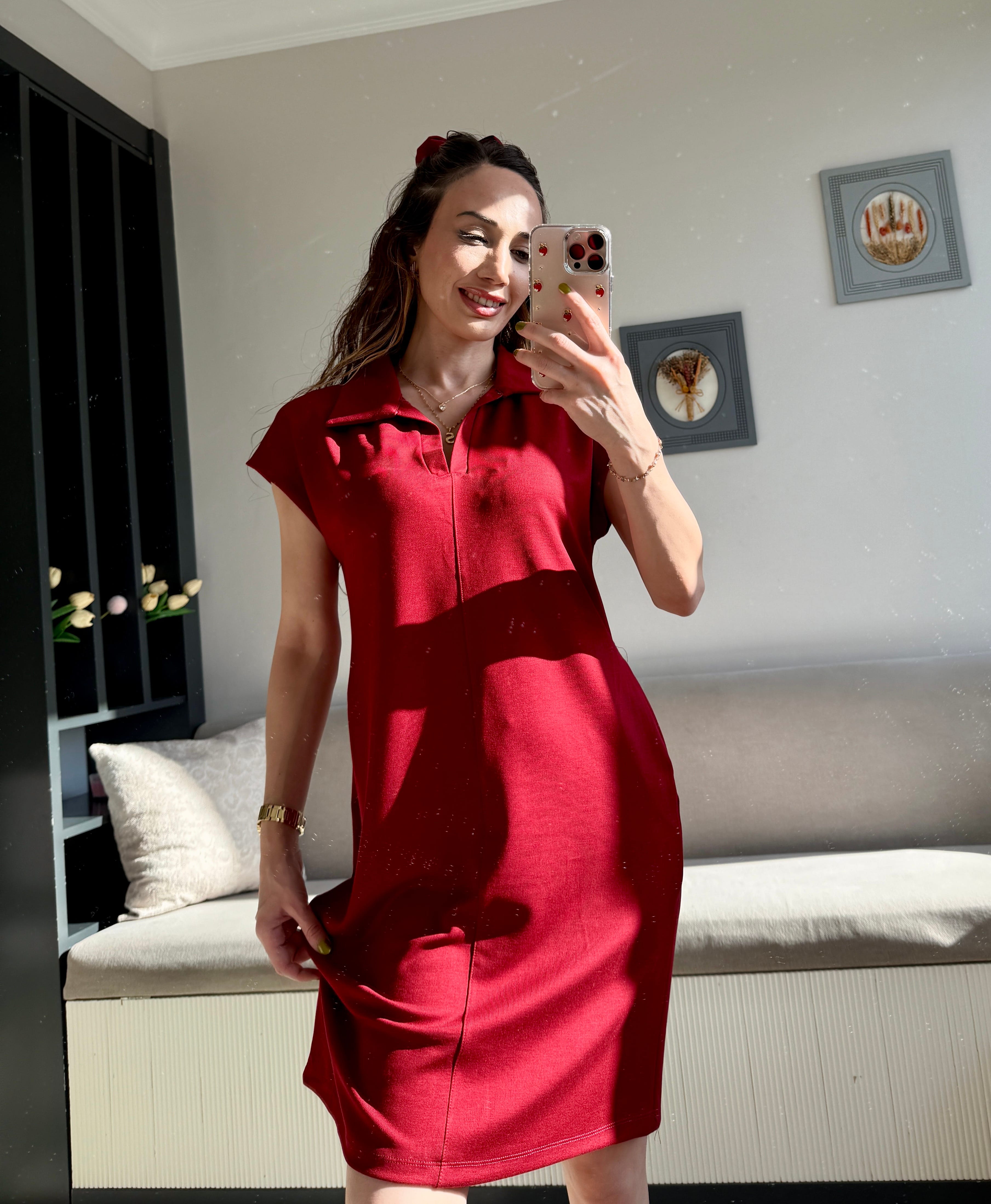 MODAL POLI YAKA ELBİSE BORDO