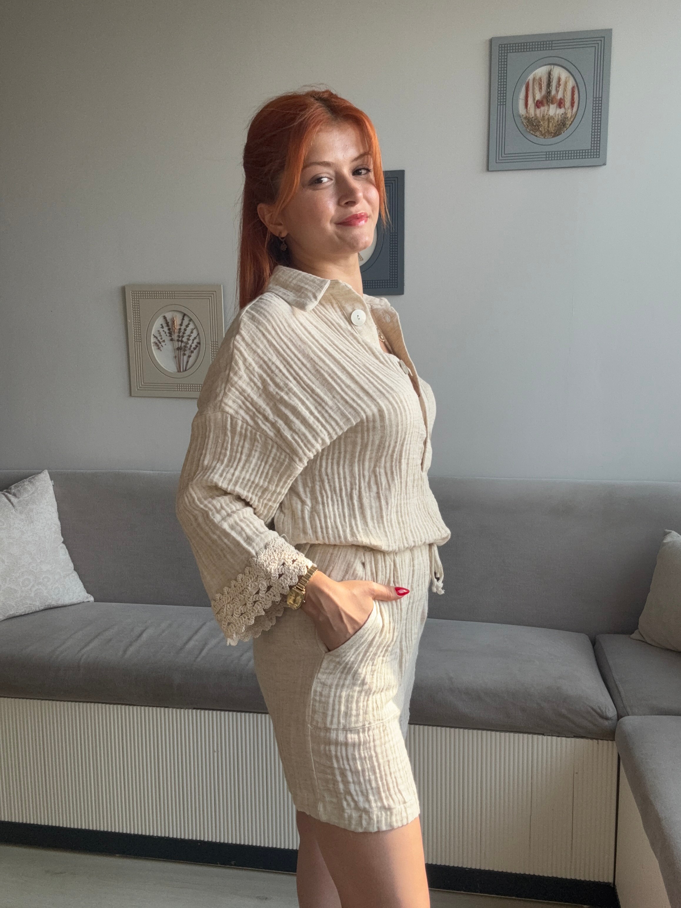 MÜSLİN ŞORT TAKIM-BEJ