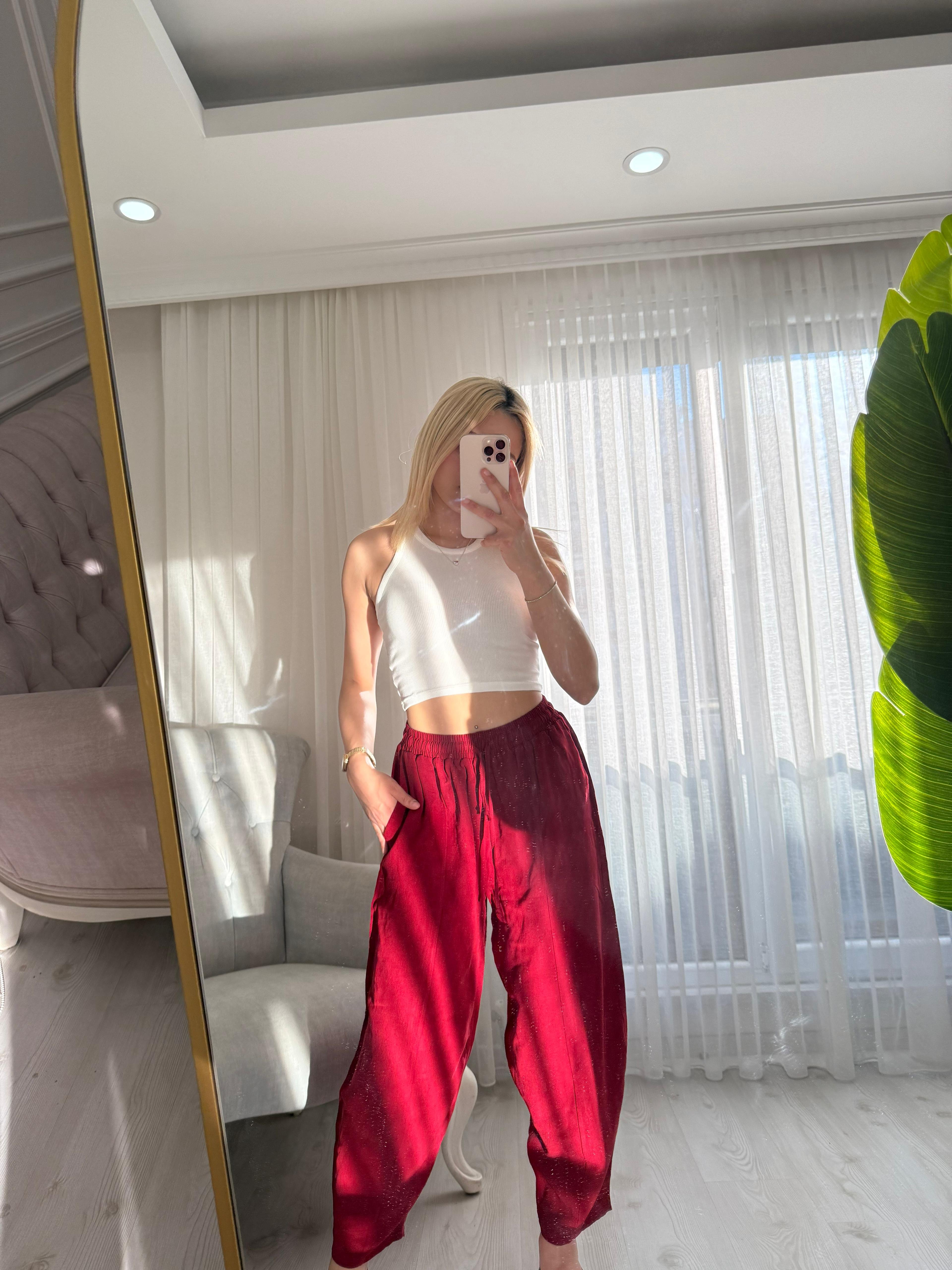KETEN ŞALVAR MODEL PANTOLON BORDO