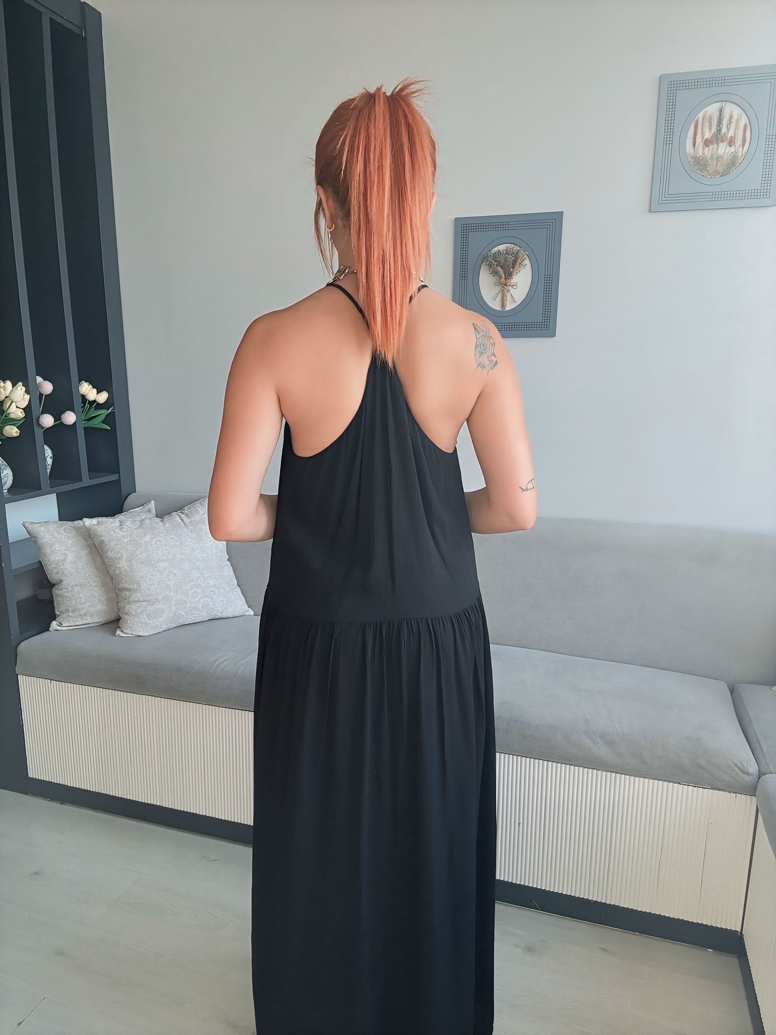 UZUN ELBİSE HALKA DETAYLI