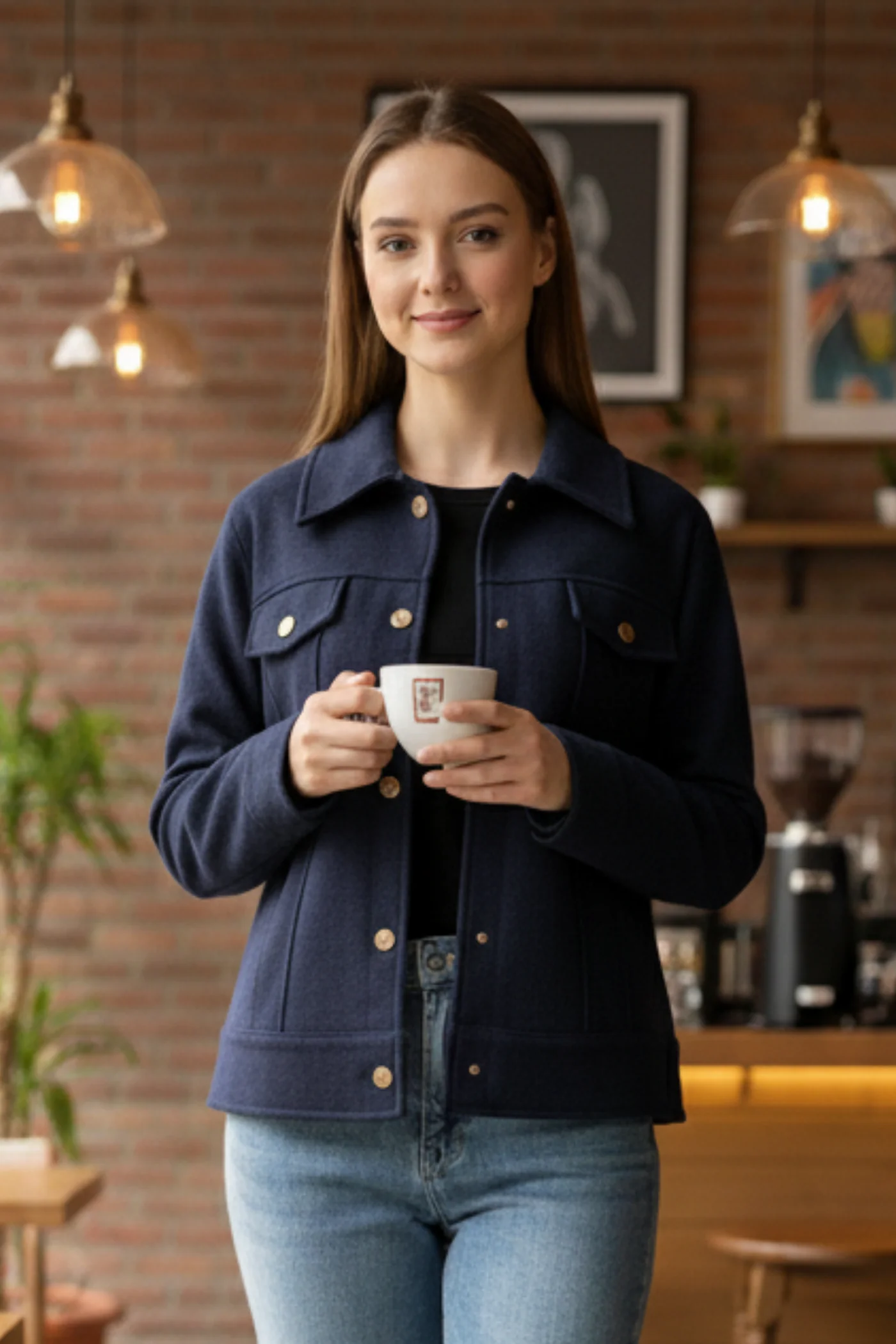 Metal Düğme Detaylı Kaşe Ceket - INDIGO