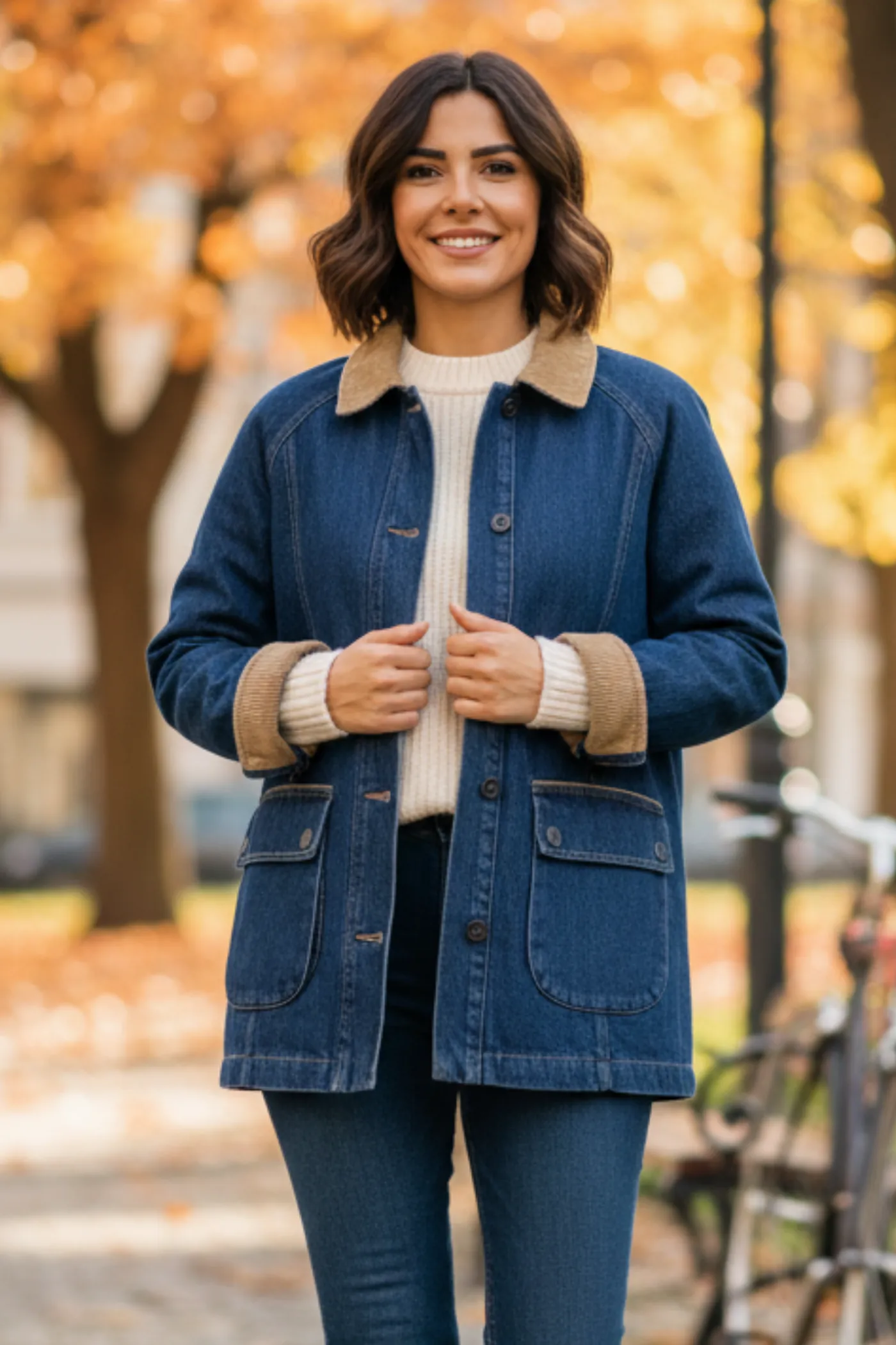 Yaka Ve Kol Manşeti Kadife Detaylı Kot Ceket