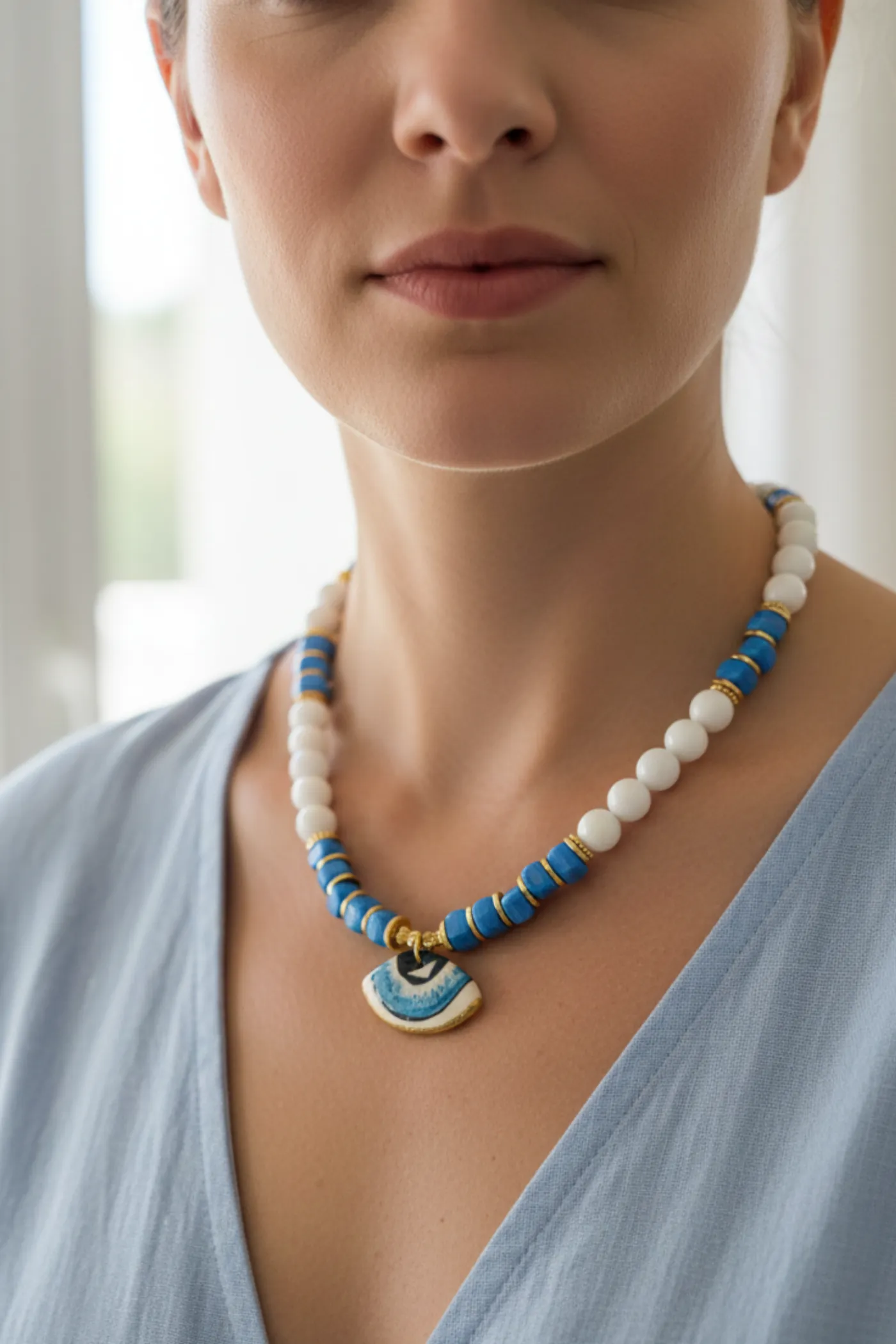 KLY17 Doğal Taş Ucu Göz Aksesuarlı Kolye 