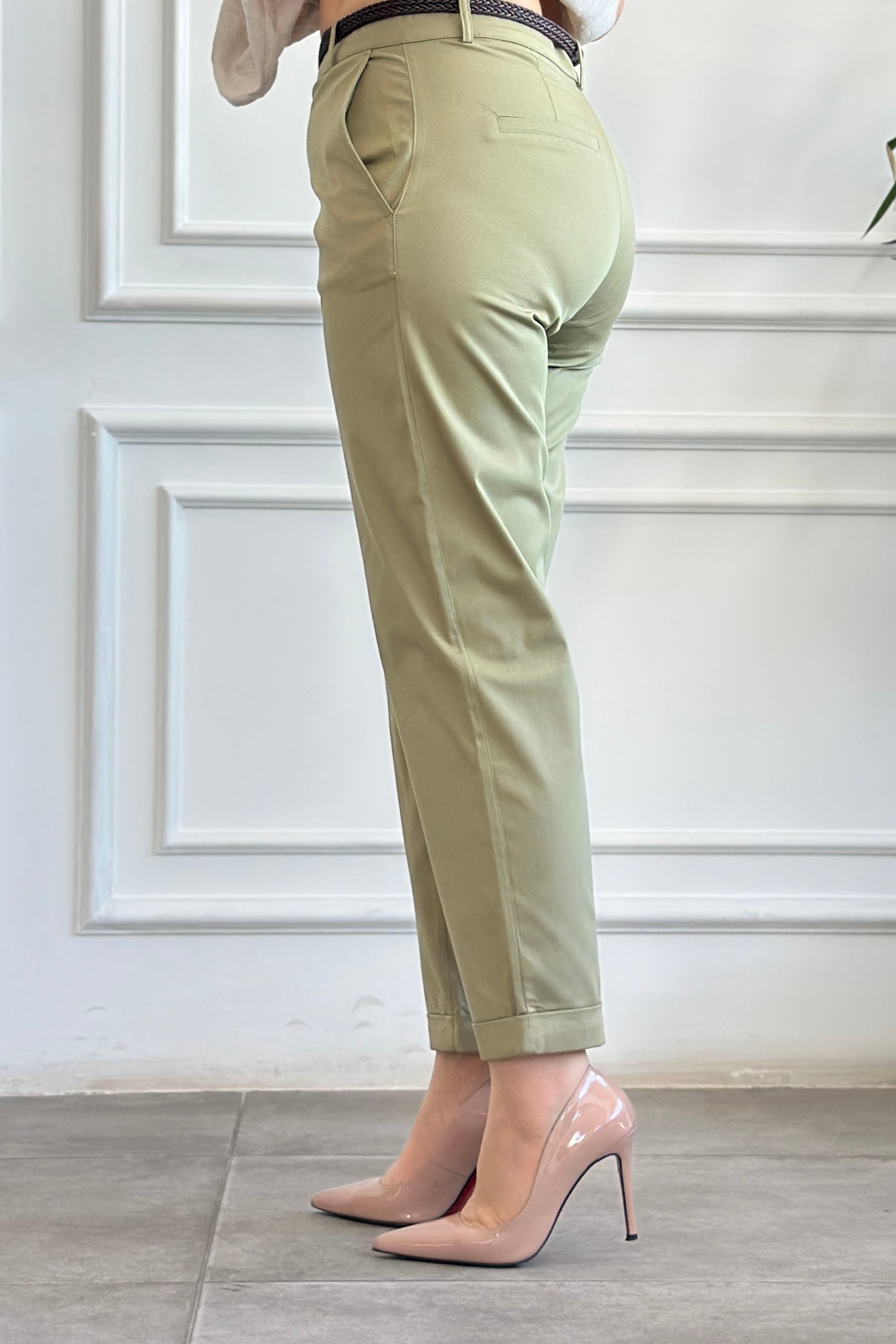 Kendinden Kemerli Duble Paça Pantolon - HAKI