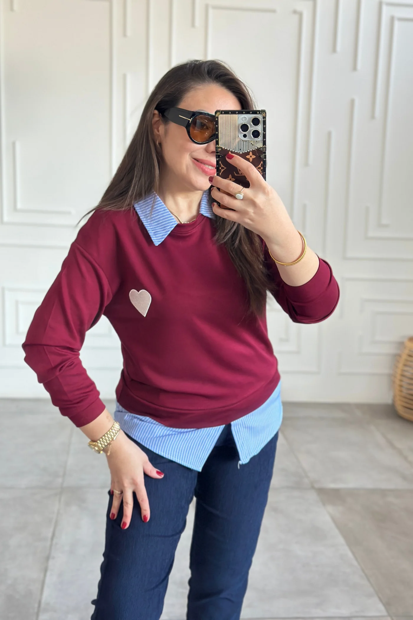 Polo Yaka Çizgili Gömlek Detaylı Kalp Nakışlı Sweat