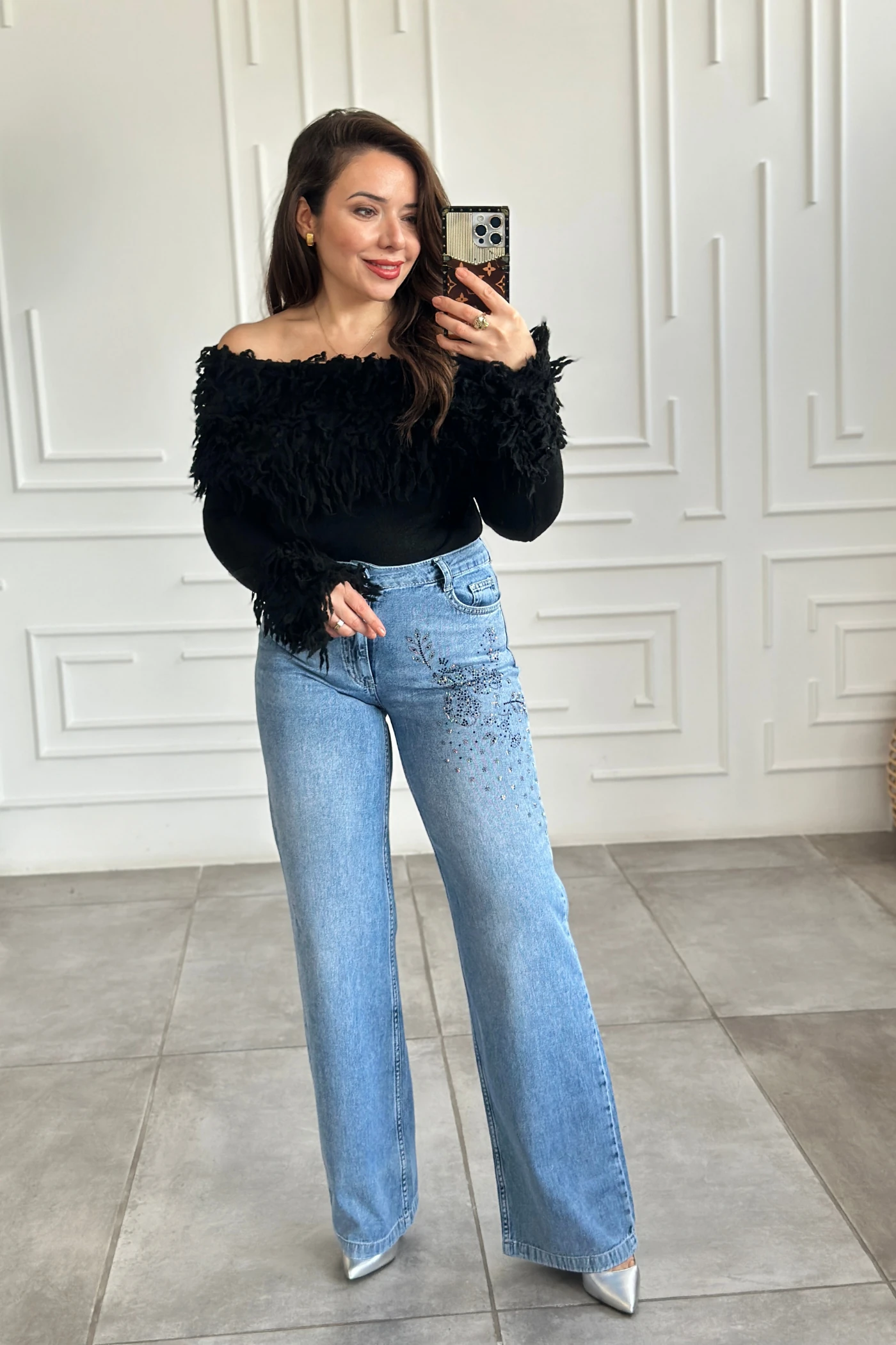 Ön Ve Arka Cebi Taş Detaylı Palazzo Kot Pantolon