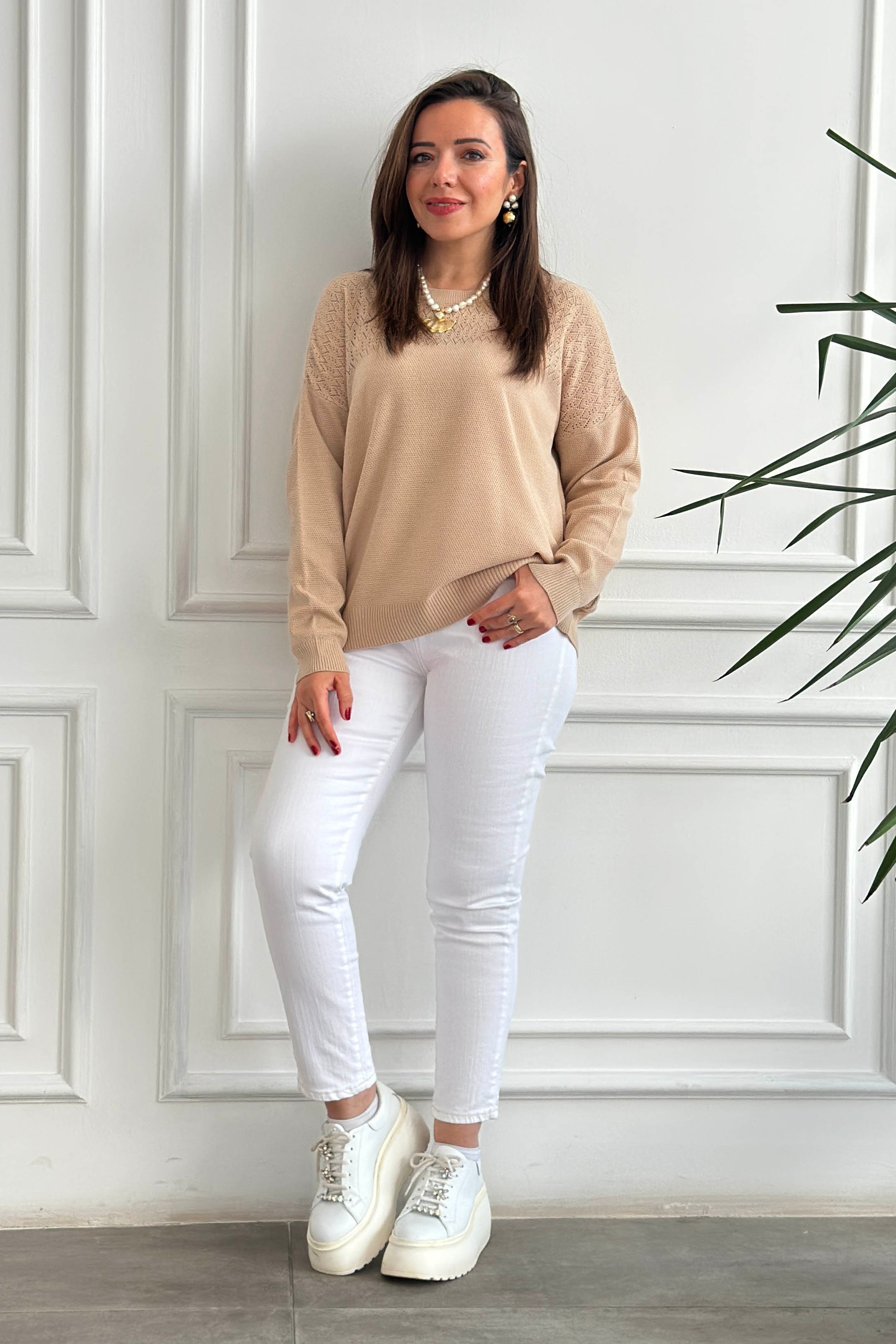 Bisiklet Yaka Zigzag Desenli Triko - CAMEL