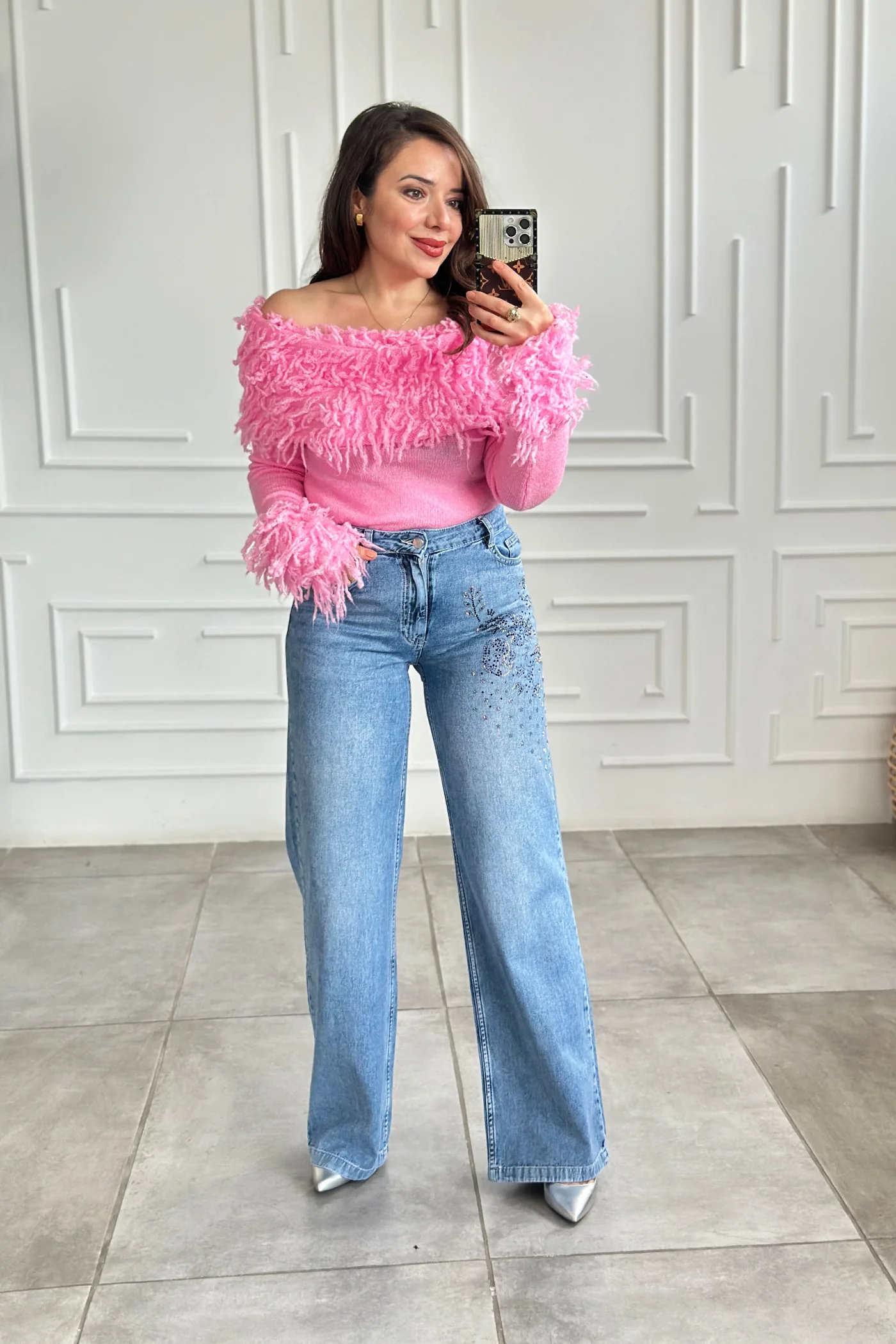 Ön Ve Arka Cebi Taş Detaylı Palazzo Kot Pantolon