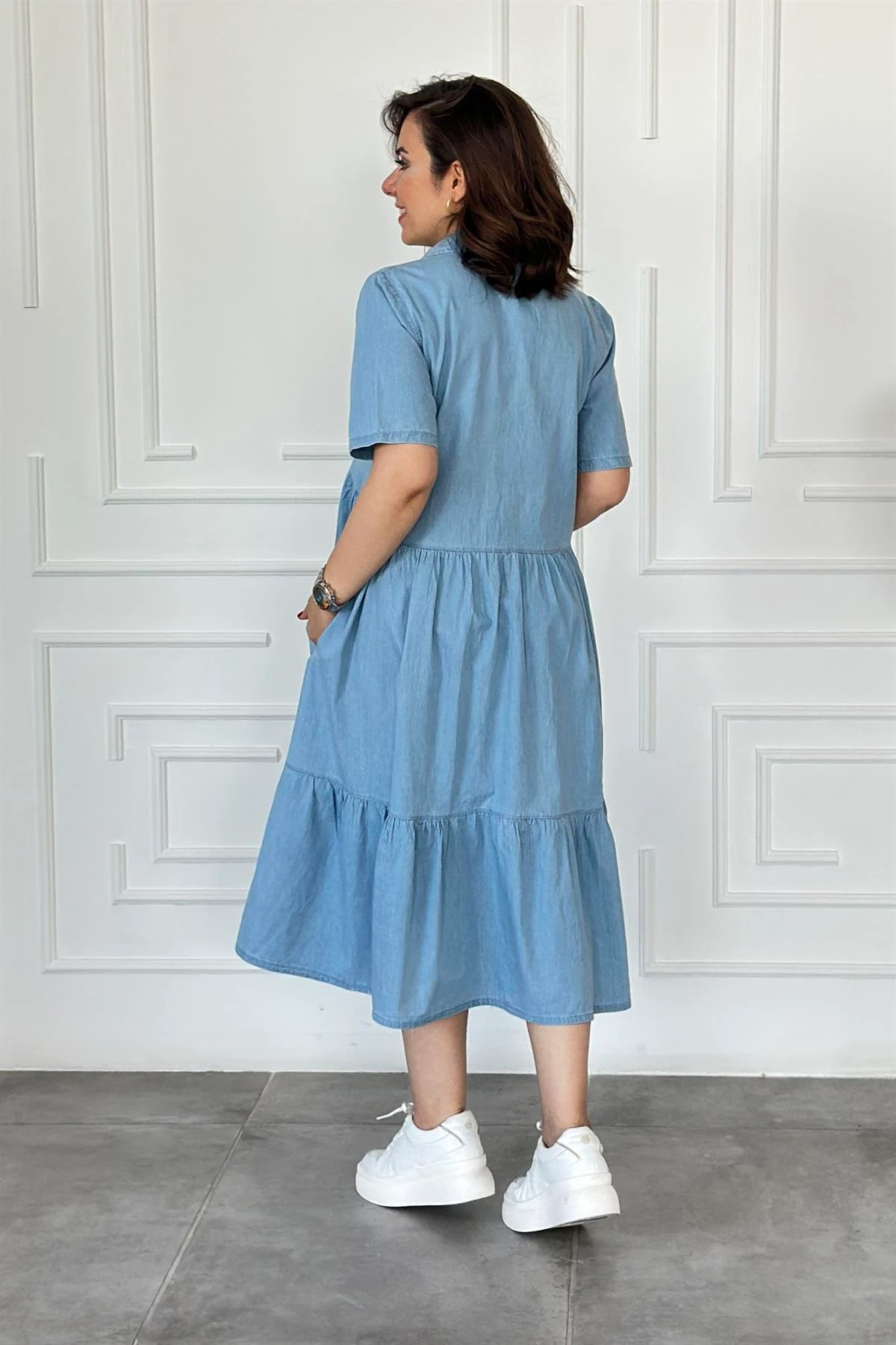 Polo Yaka Düğme Detaylı Kot Elbise