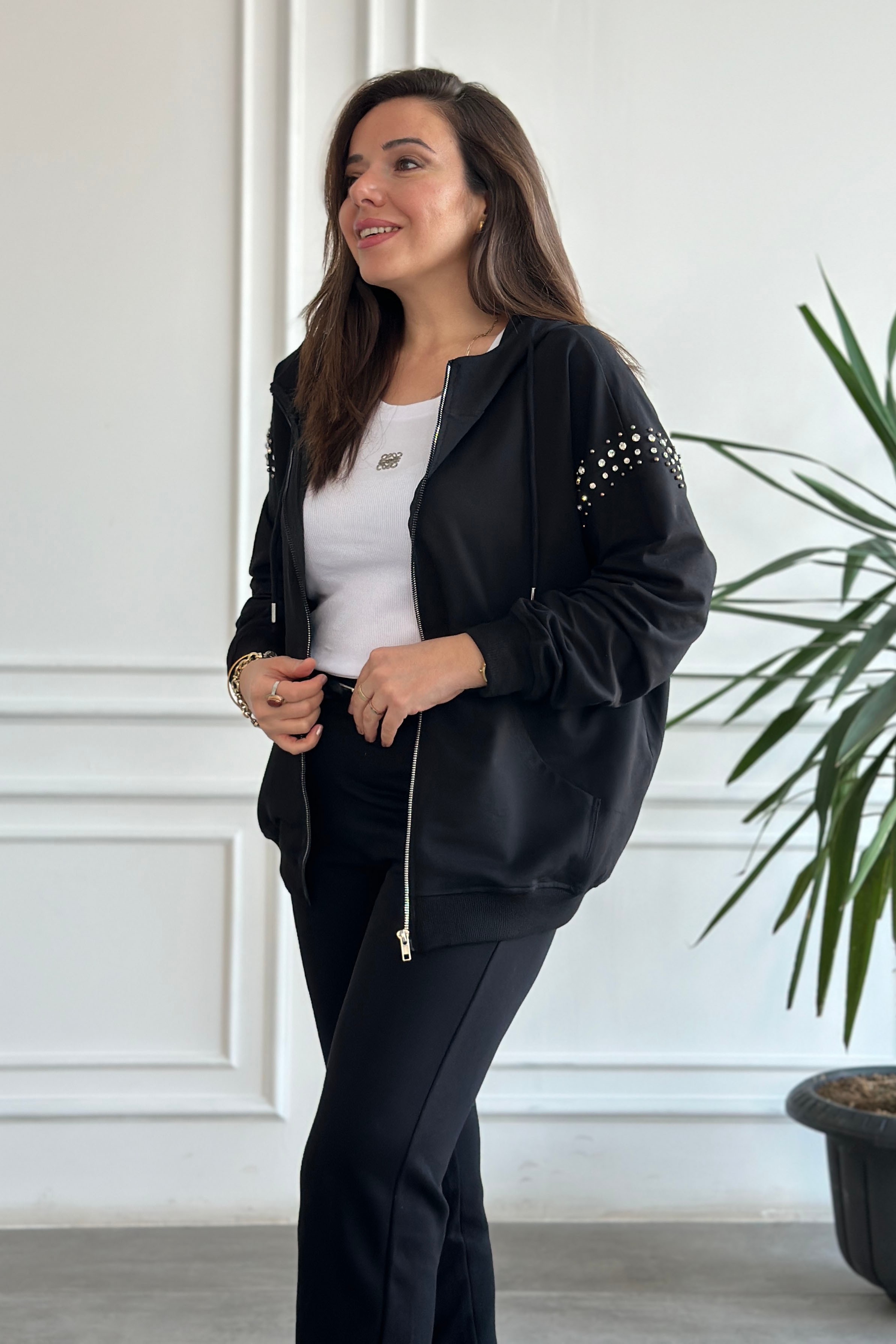 Kolları Taşlı Önden Fermuarlı Sweat Ceket - SIYAH