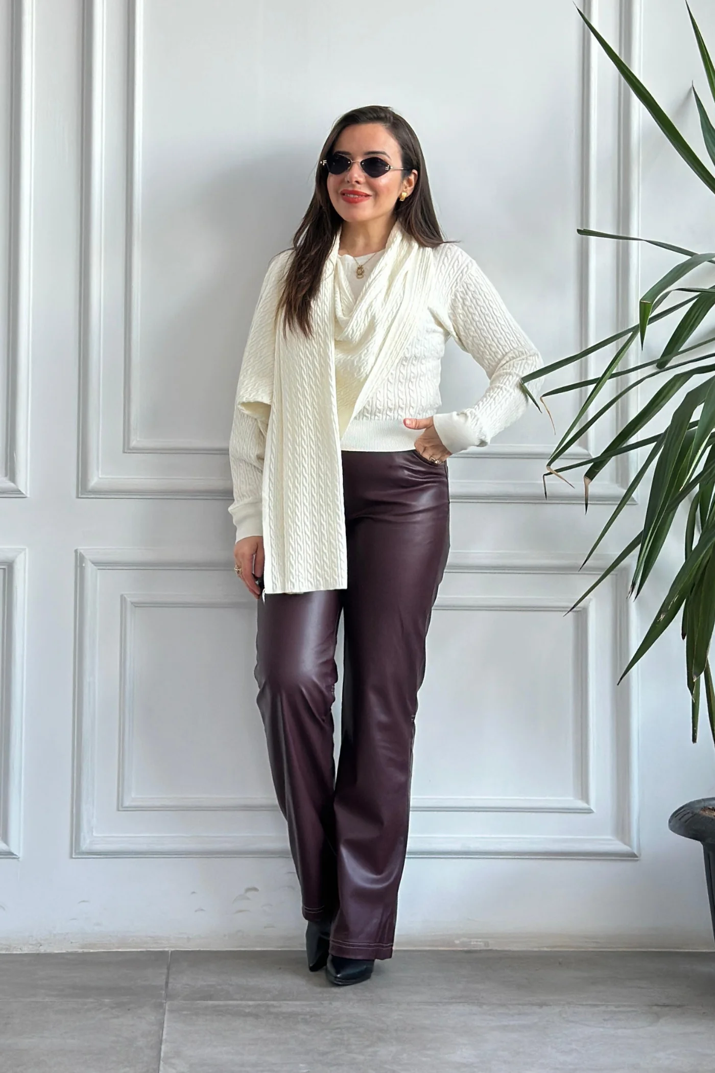 Sıvama Şardonlu Deri Pantolon - BORDO