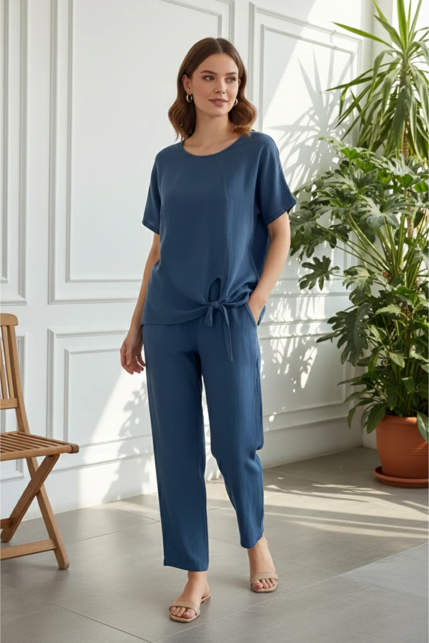 Keten Bağcıklı Bluz Pantolon