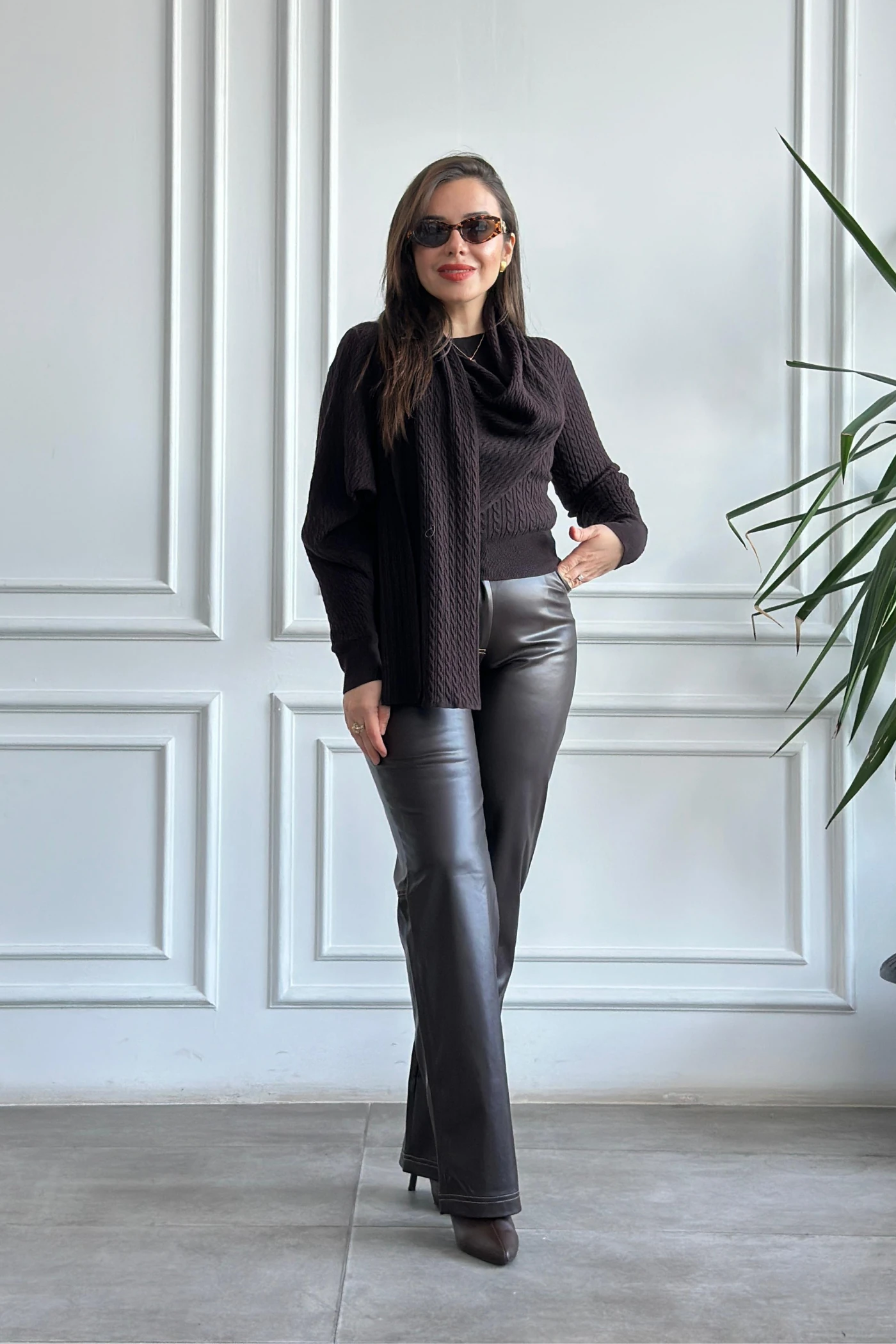 Sıvama Şardonlu Deri Pantolon - KAHVERENGI