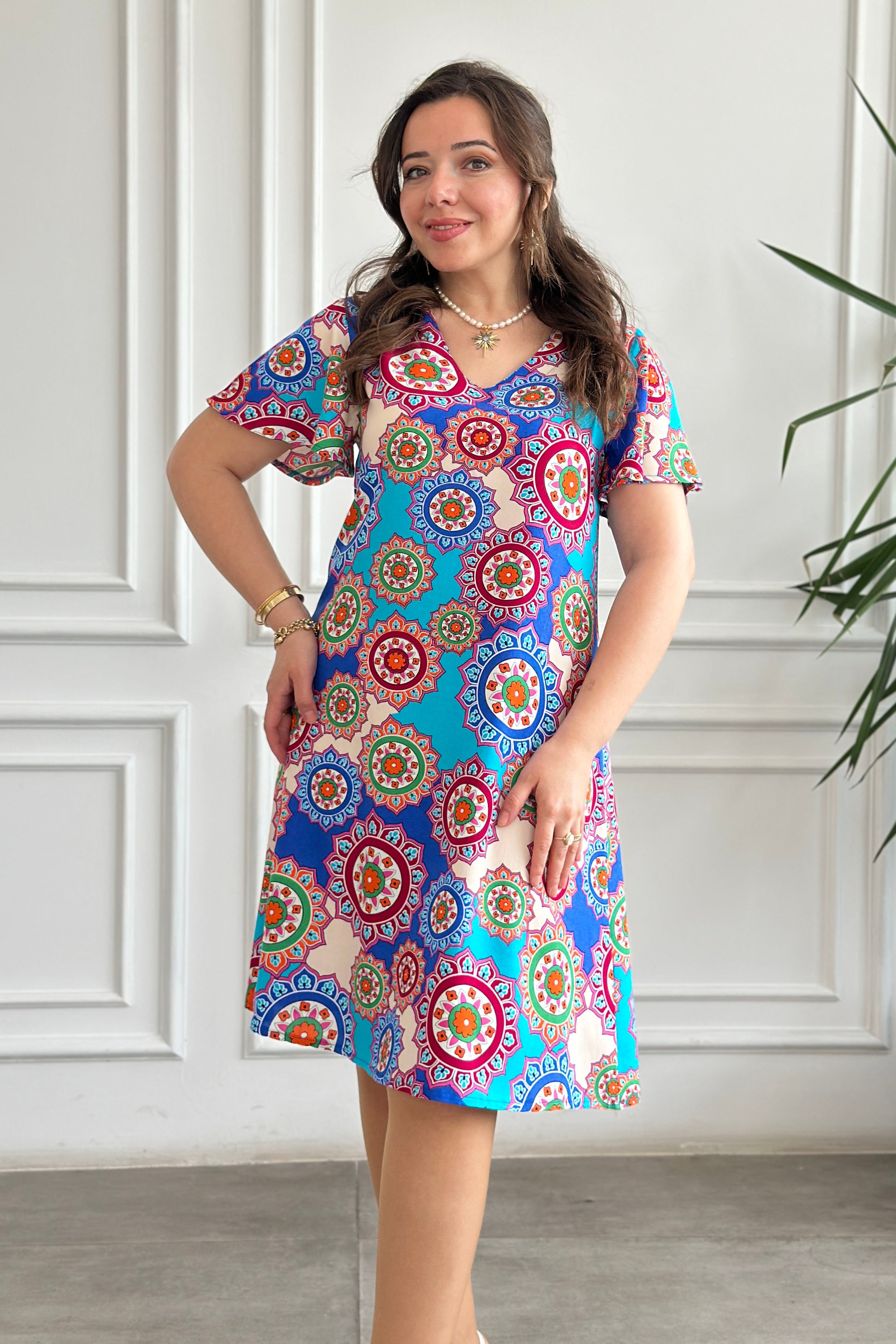 Melek Kol Mandala Desen V Yaka Viscon Elbise