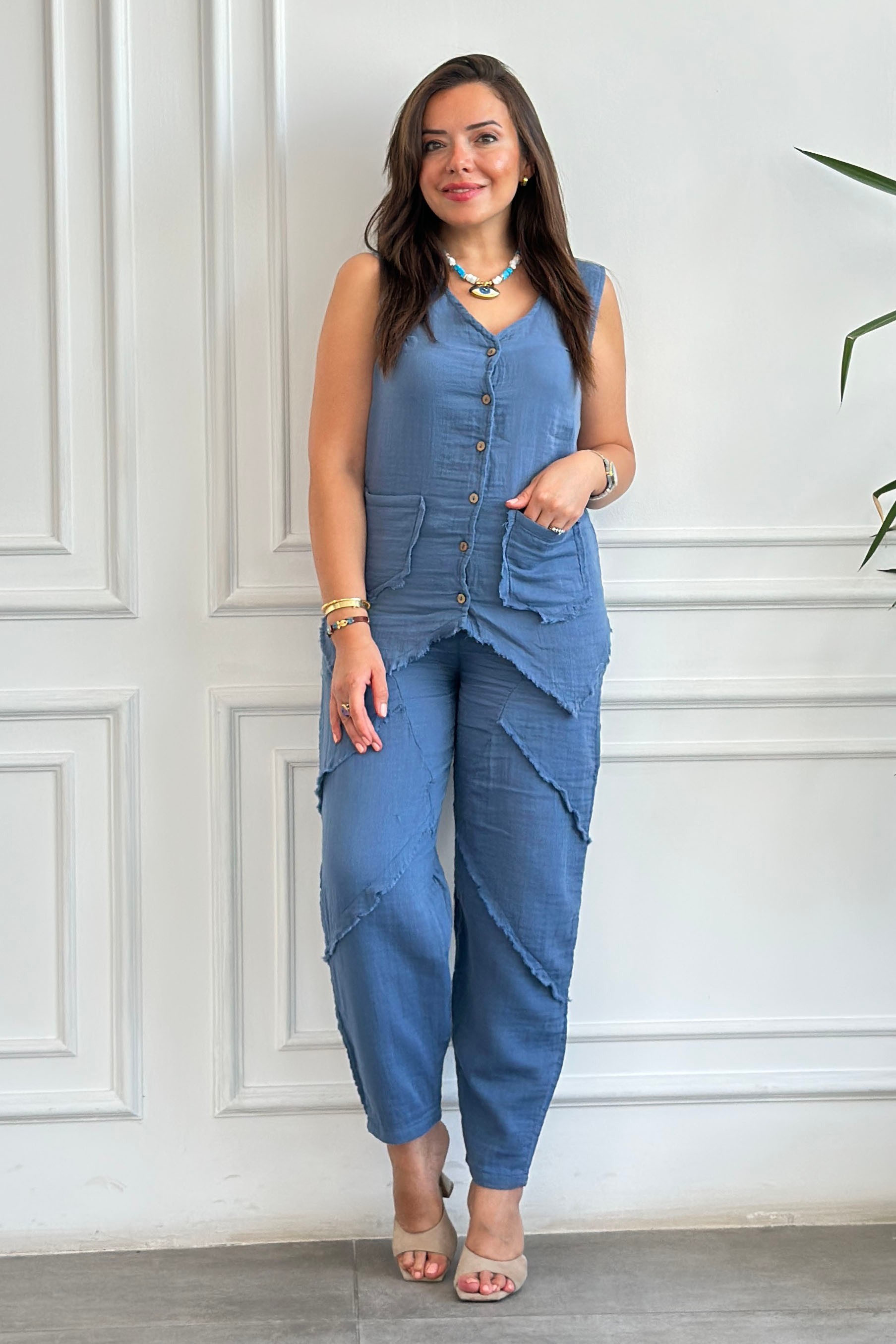 Pis Dikiş Şalvar Müslin Pantolon - INDIGO