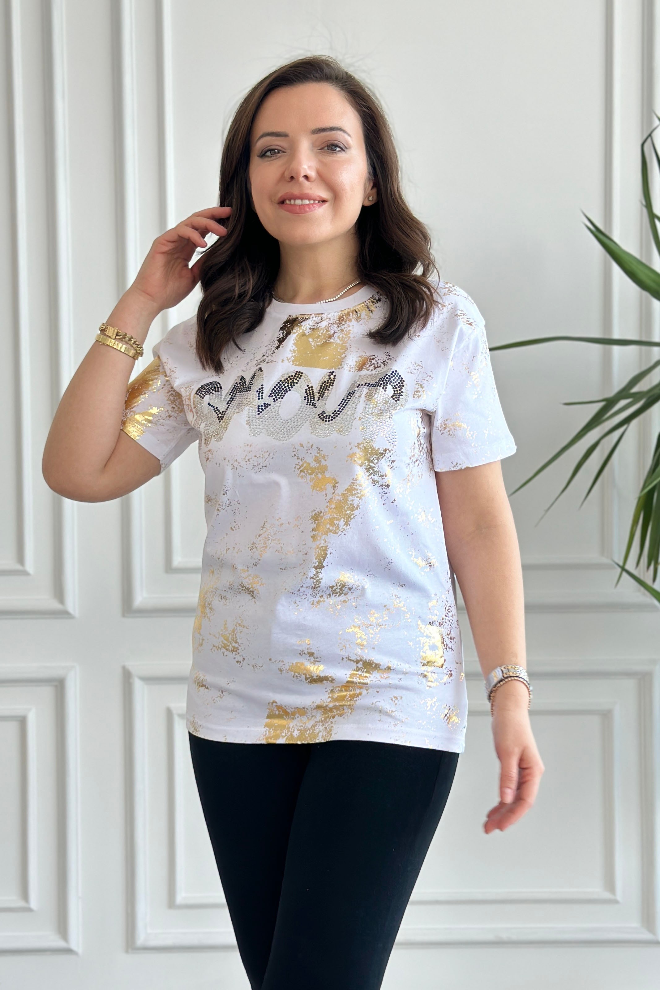 Bisiklet Yaka Önü Yazı Ve Taş Baskılı T-Shirt