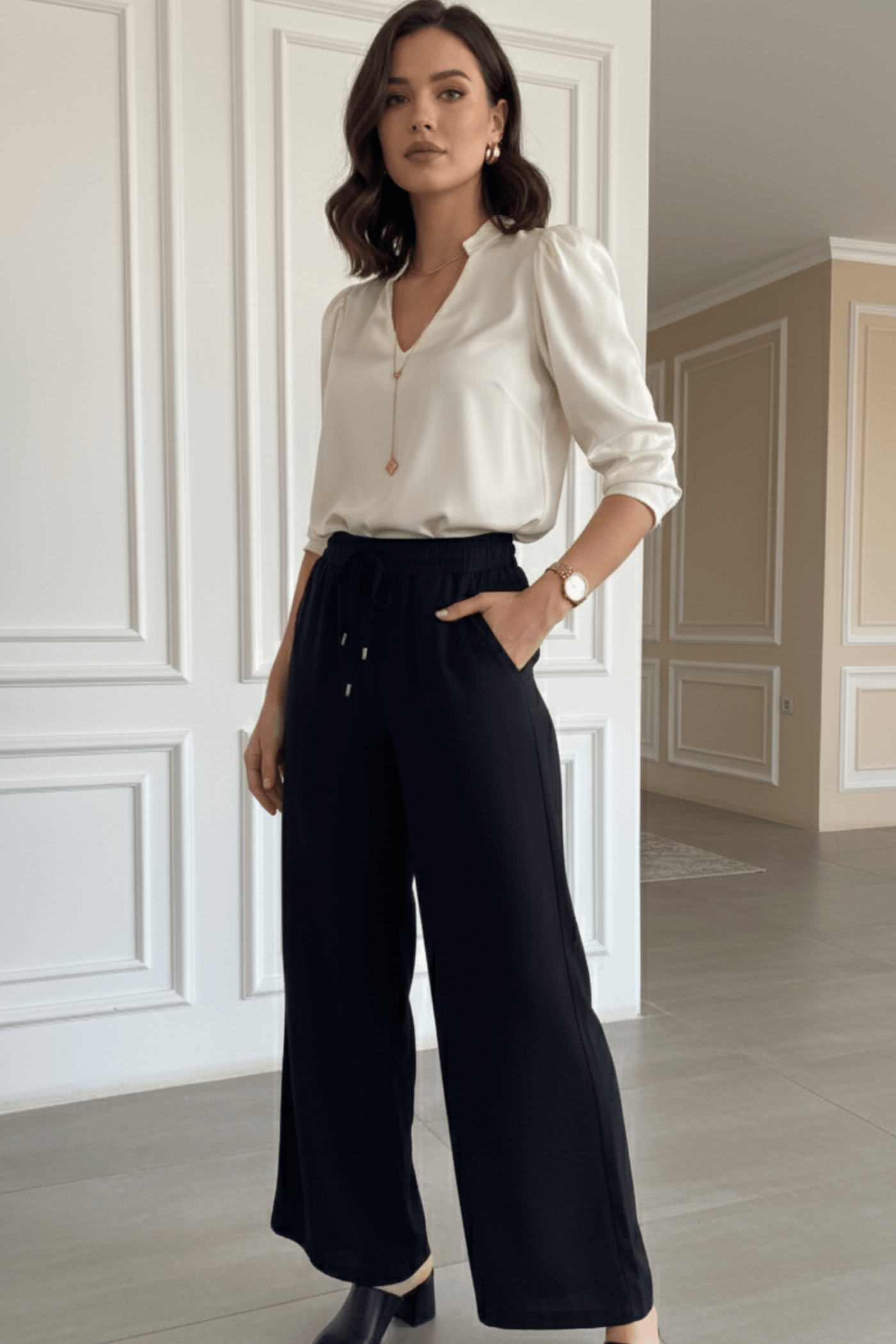 Beli Lastikli Bağlama Detaylı Bol Paça Pantolon