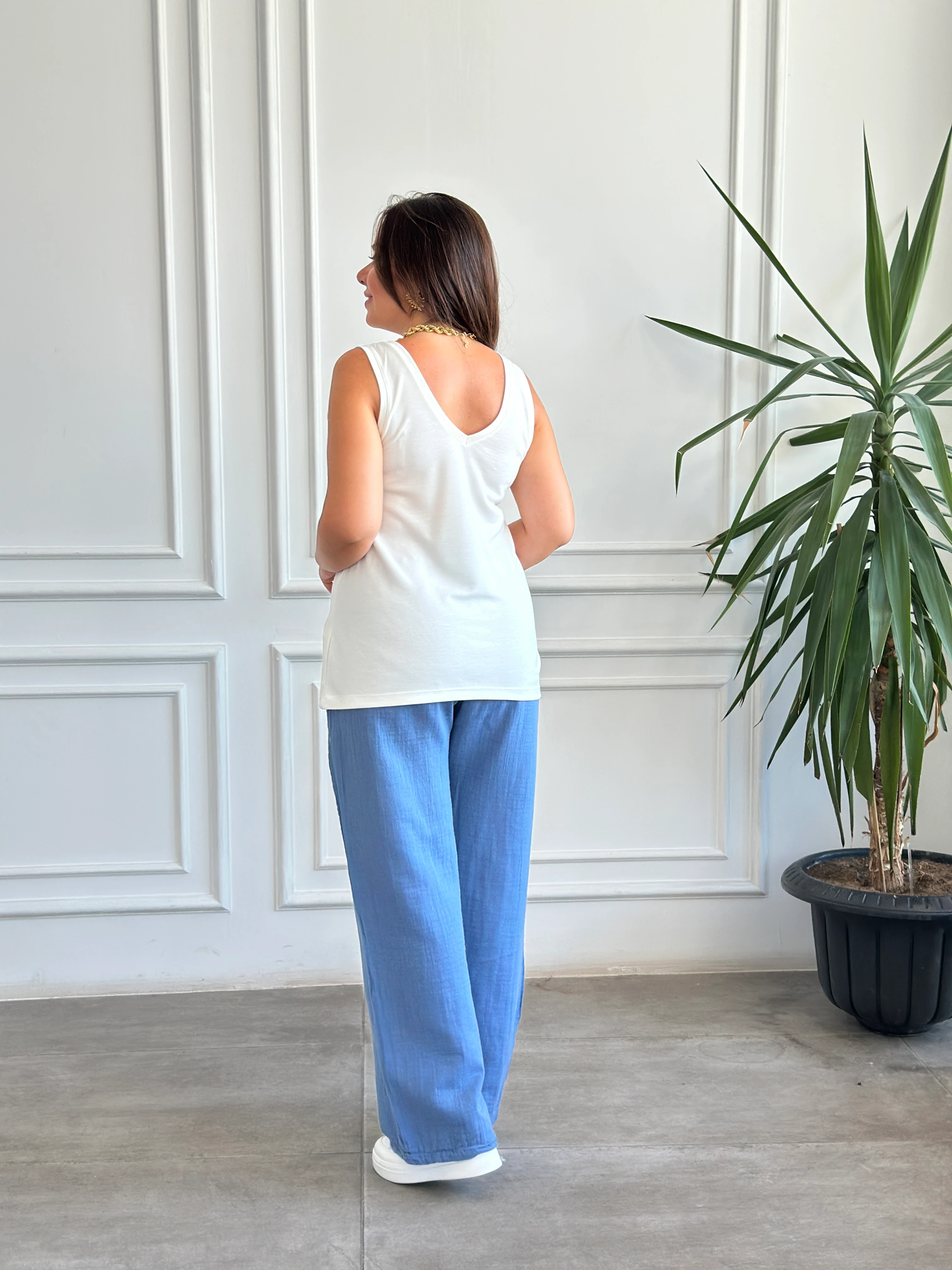 Beli Lastikli Bol Paça Müslin Pantolon - INDIGO