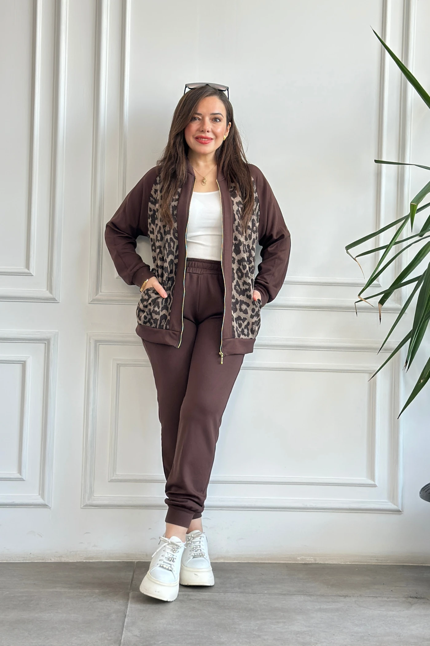 Leopar Detaylı Fermuarlı Eşofman Takımı  - KAHVERENGI