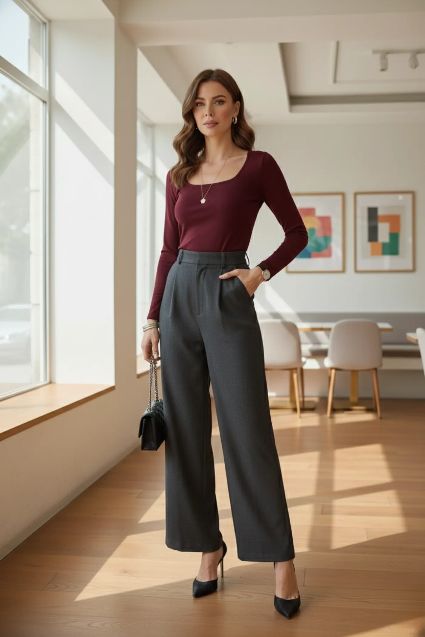 Kare Yaka Uzun Kollu Badi - BORDO