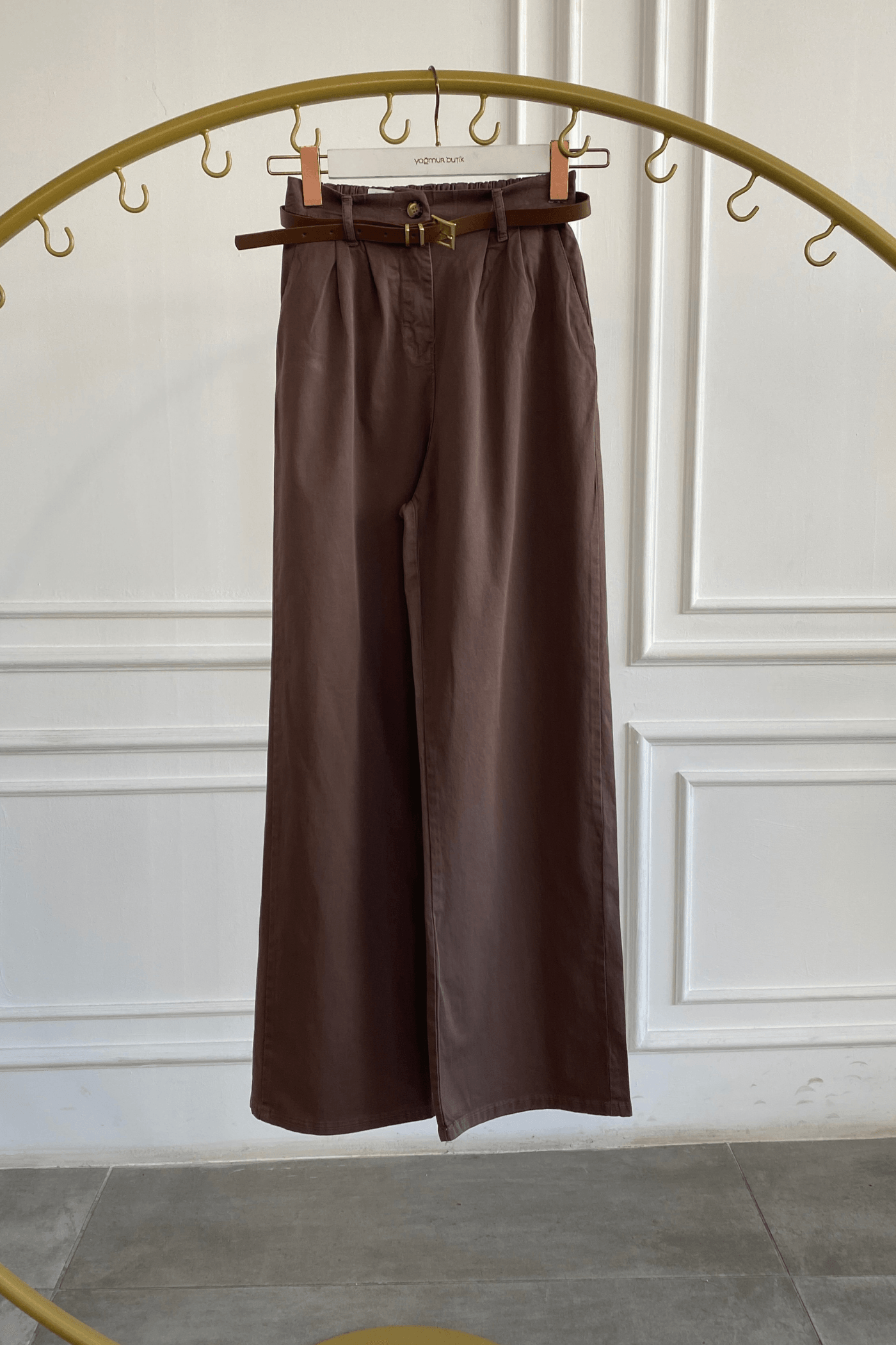 Beli Lastikli Kemerli Bol Paça Pantolon - KAHVERENGI