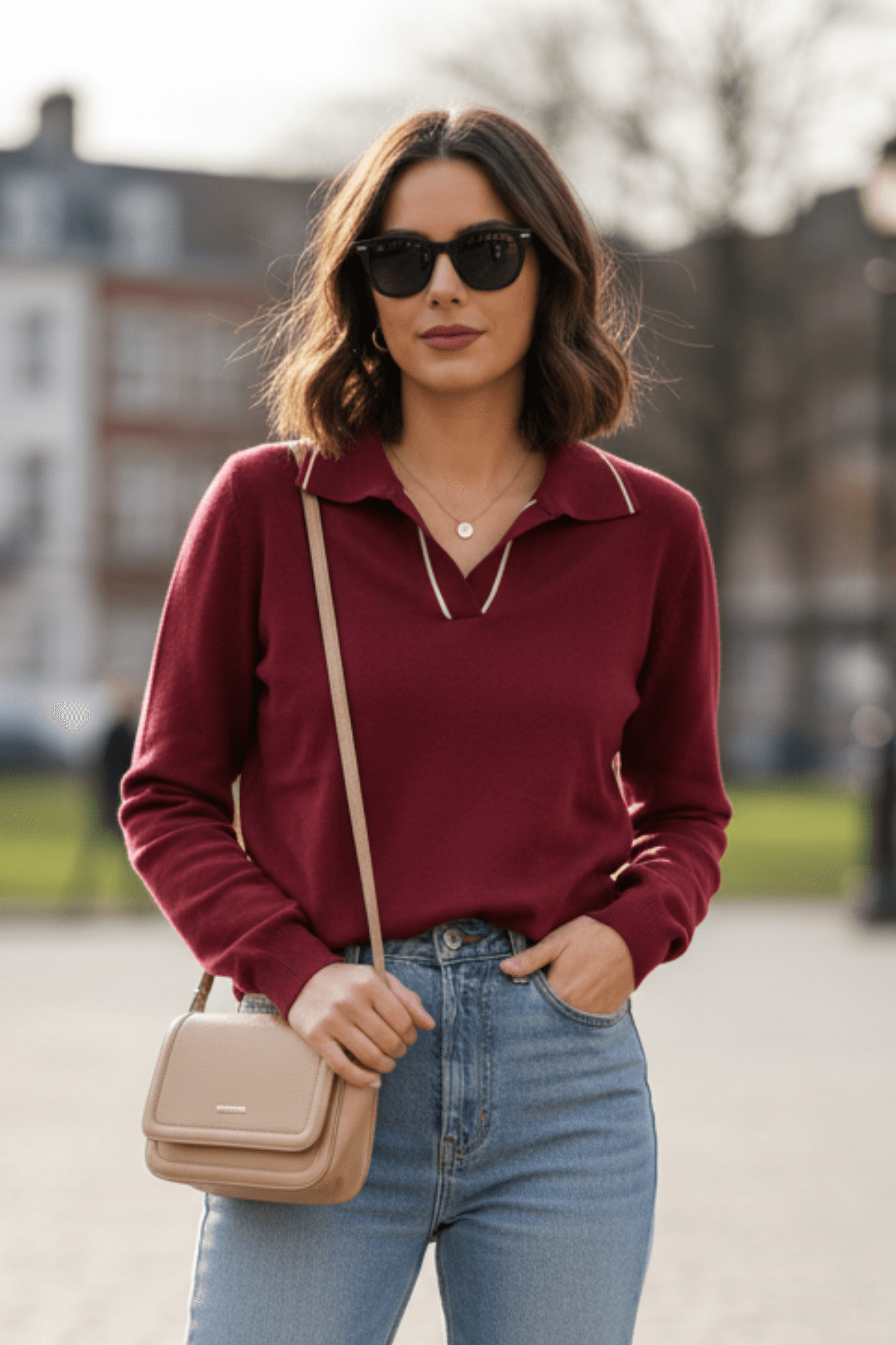 Polo Yaka Yaka Şerit Detaylı Triko Kazak