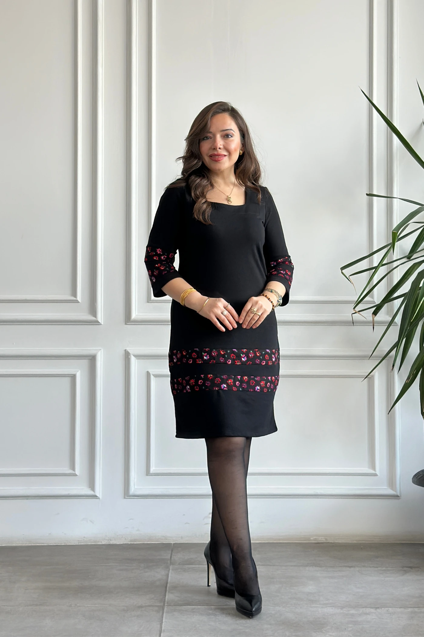 Etek Ve Kol Pazen Detaylı Pamuk Elbise - SIYAH FUSYA