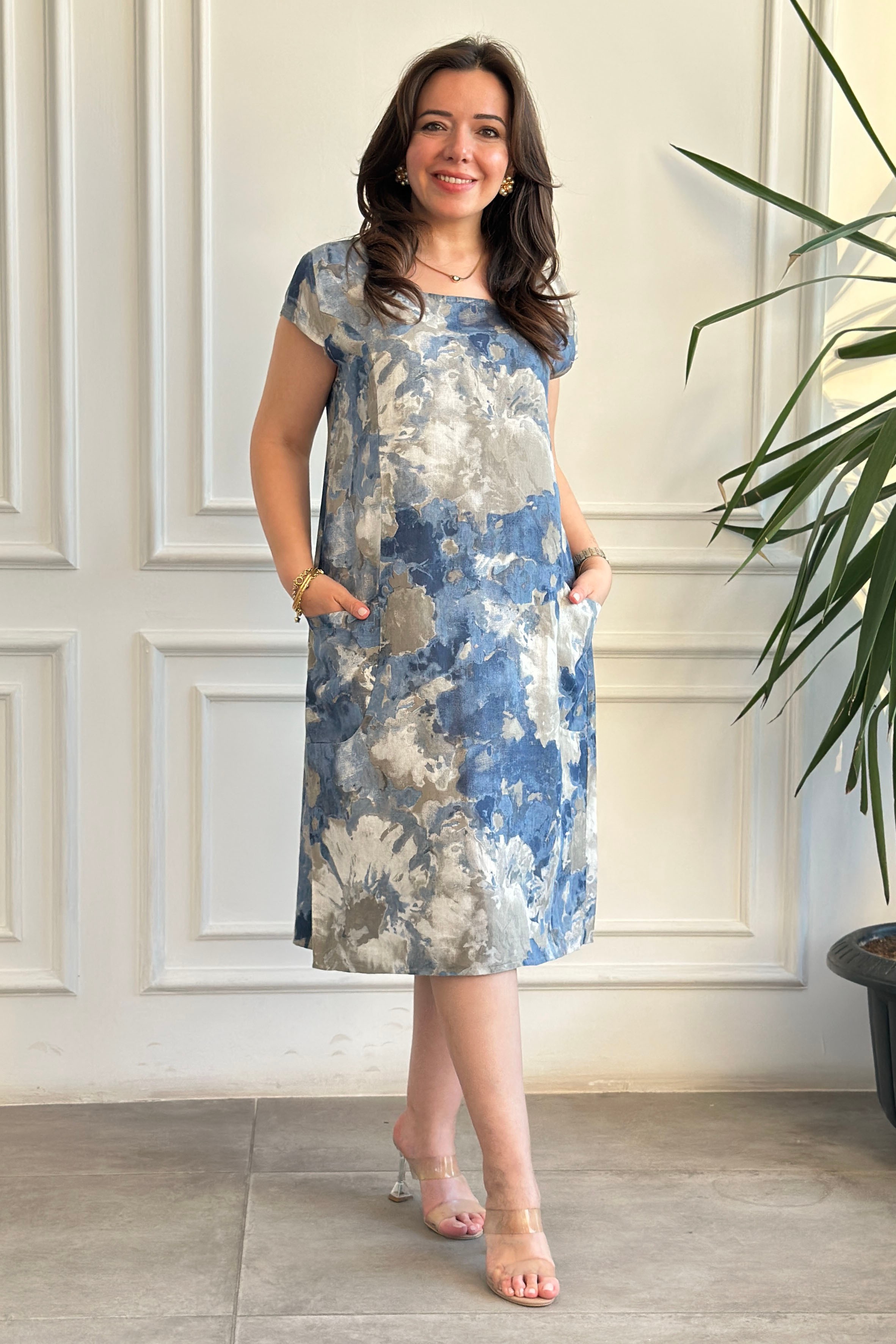 İtalyan Kısa Kollu Pamuk Keten Batik Desenli Elbise - VIZON