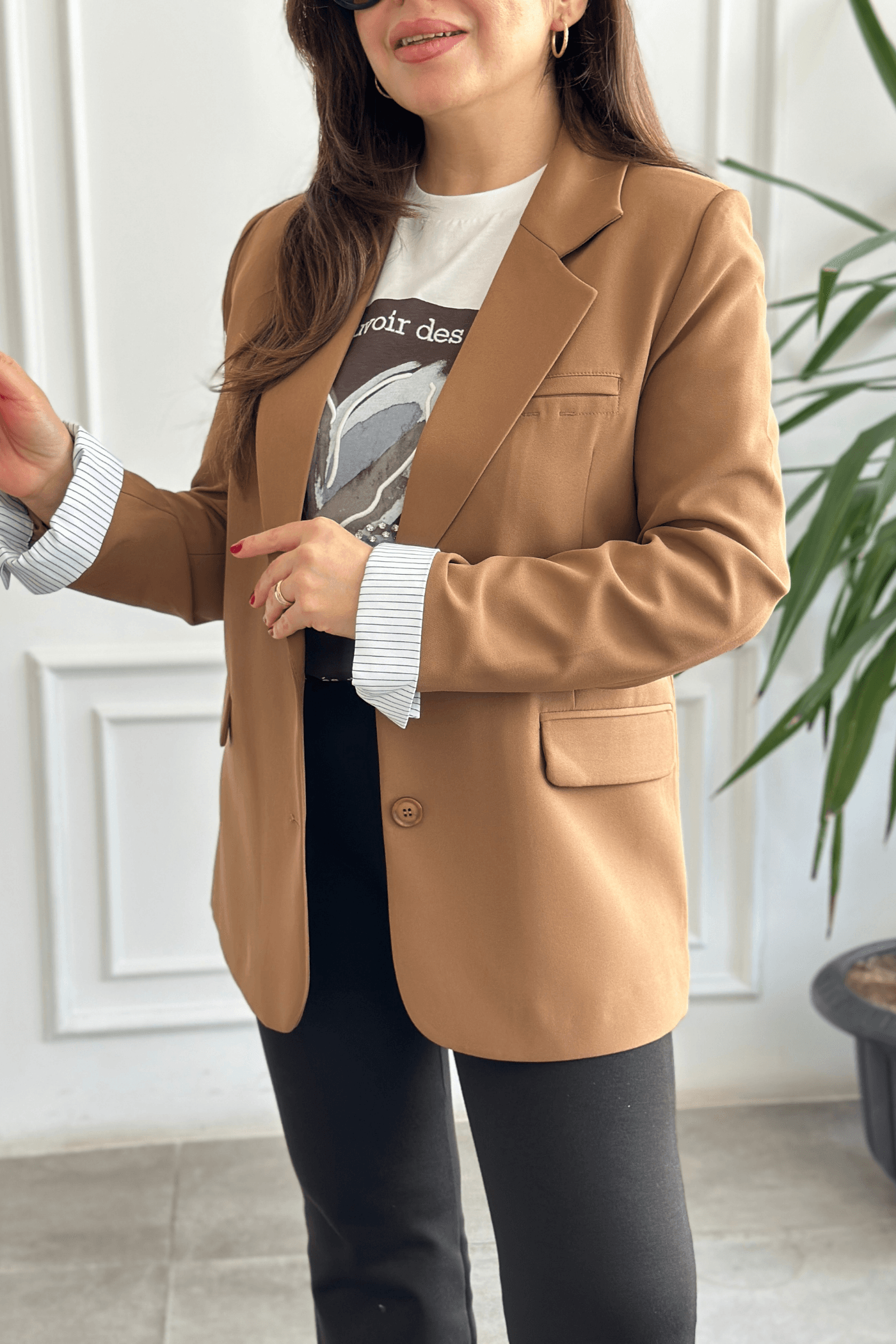 Oversize Çizgi Garnili Blazer Ceket