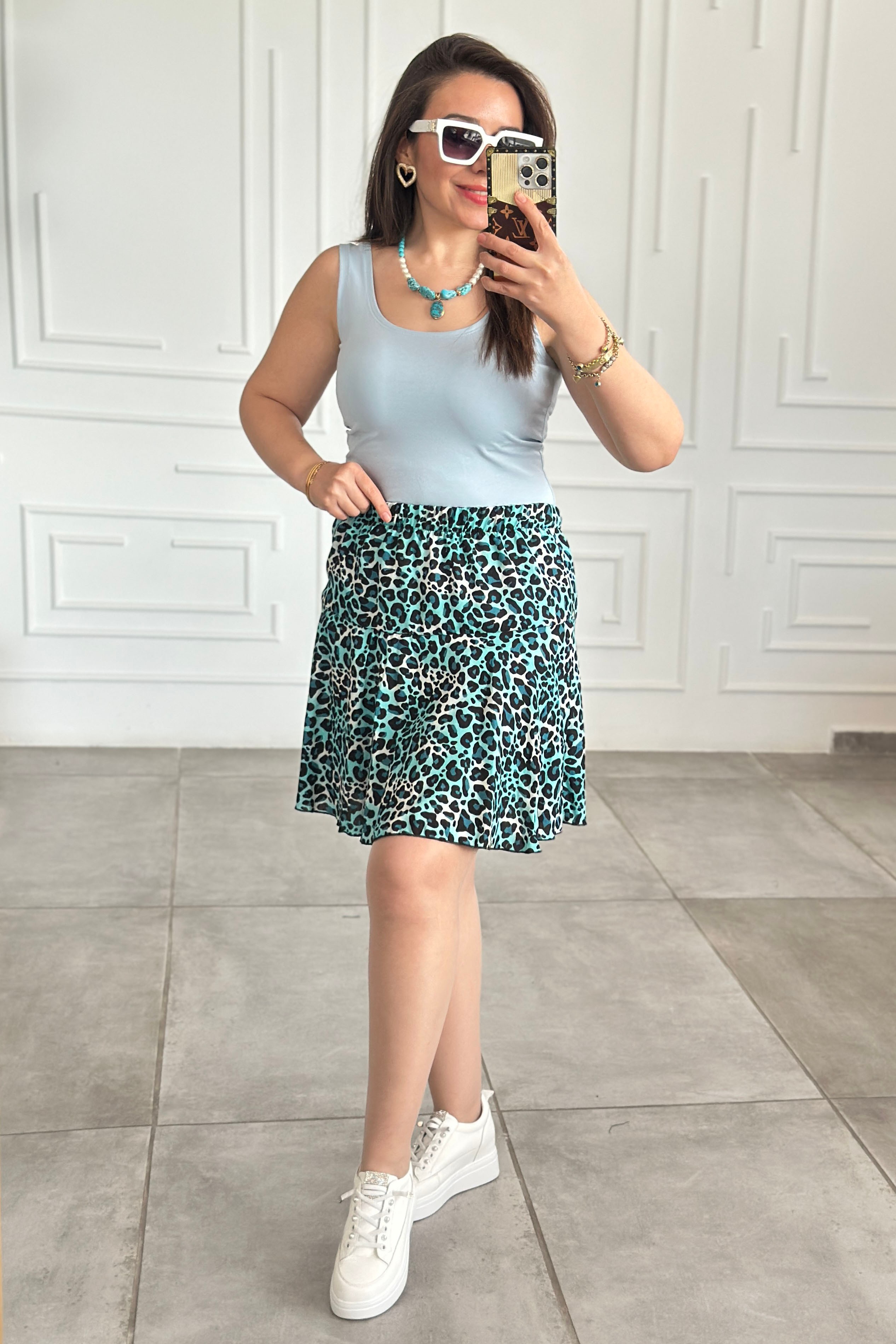 Karışık Desenli Viscon Şort Etek  - MINT (LEOPAR)