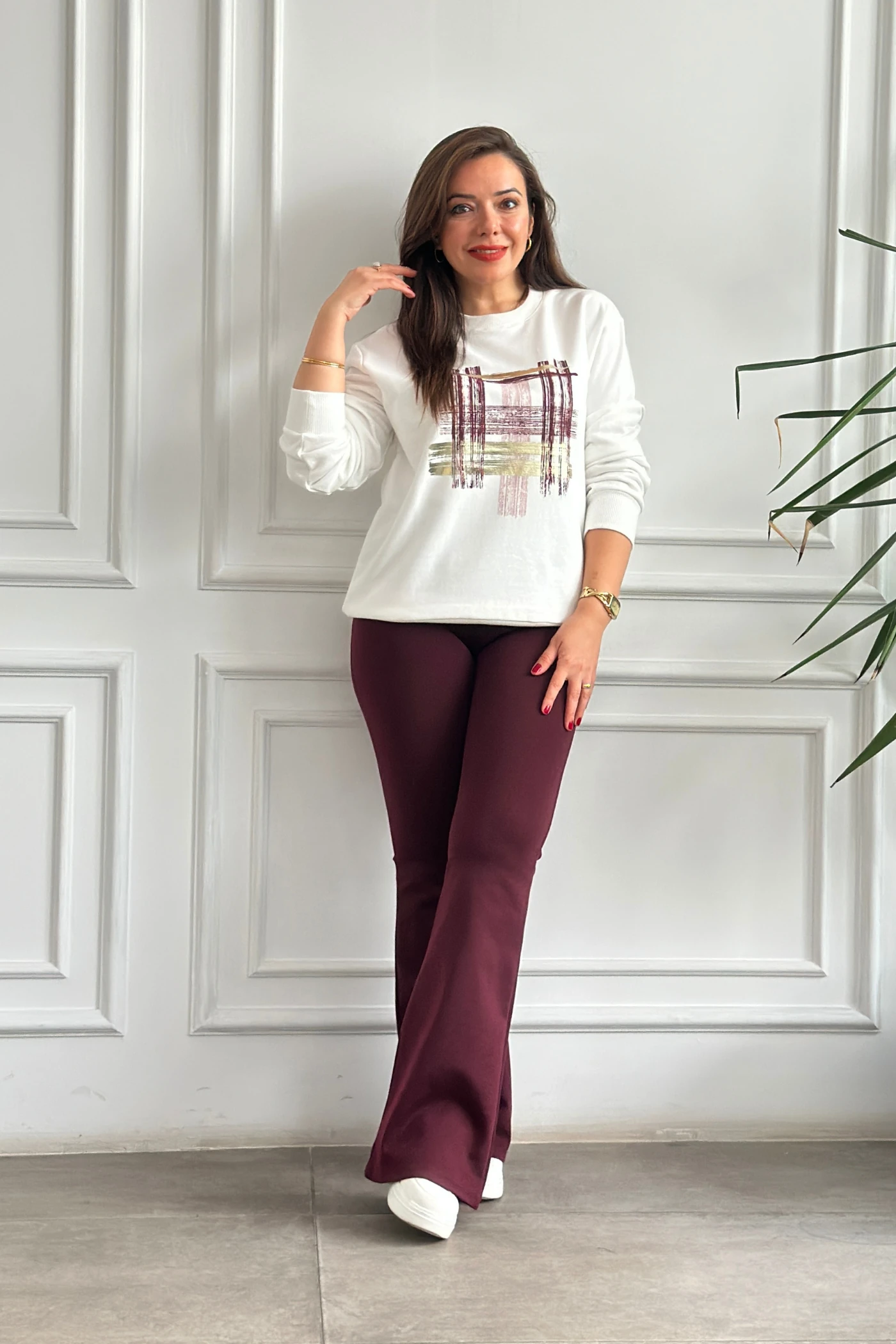 İspanyol Paça Çelik Örme Tayt Pantolon - BORDO