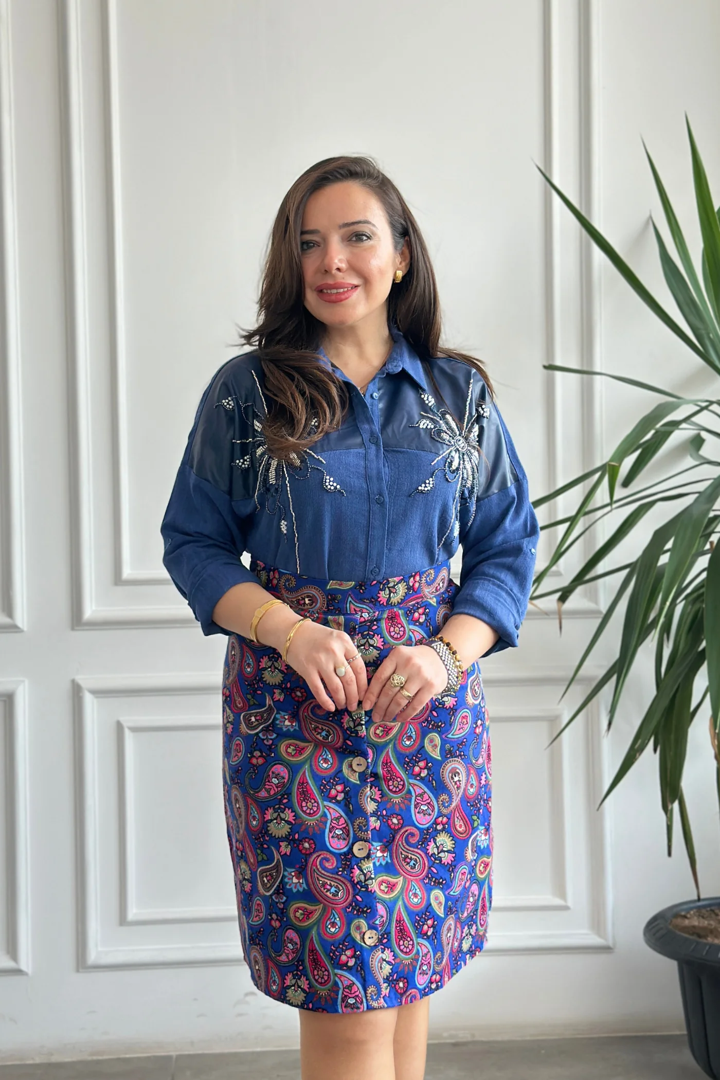 Önü Süs Düğme Detaylı Pazen Çan Etek - SAKS PEMBE