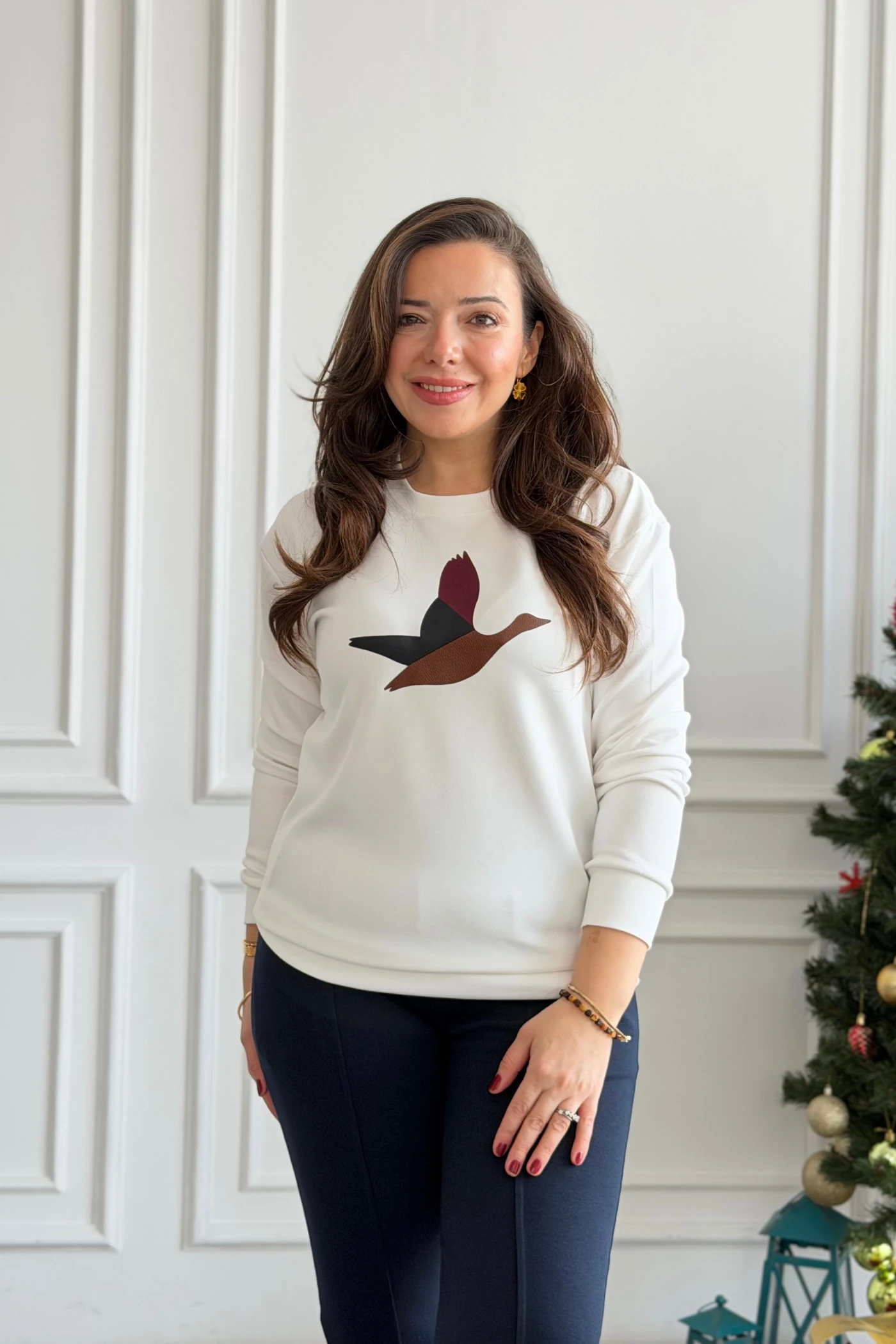 Önü Kuş Baskılı Sweat  - EKRU