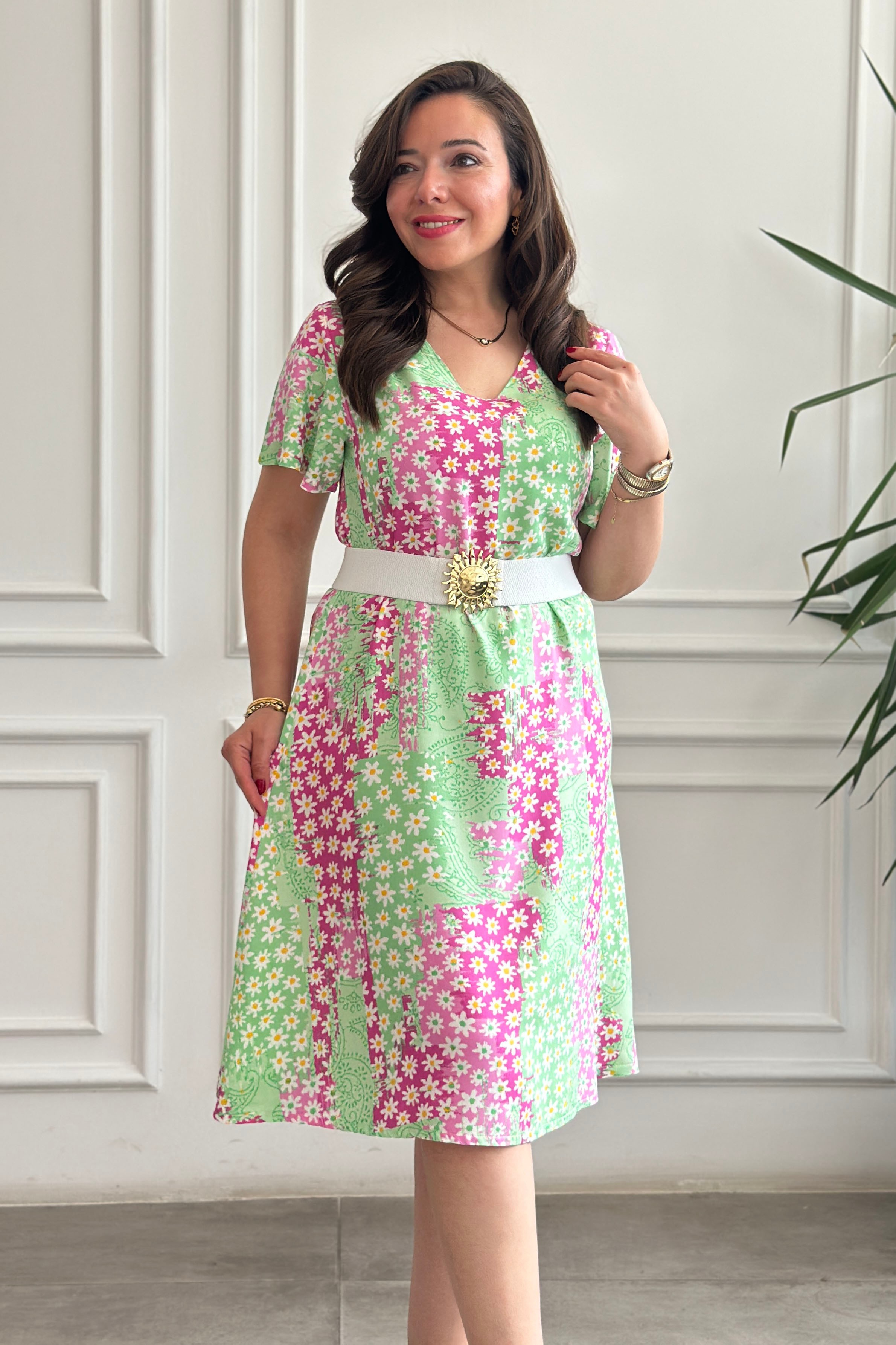 Melek Kol V Yaka Desenli Viscon Elbise - YESIL PEMBE