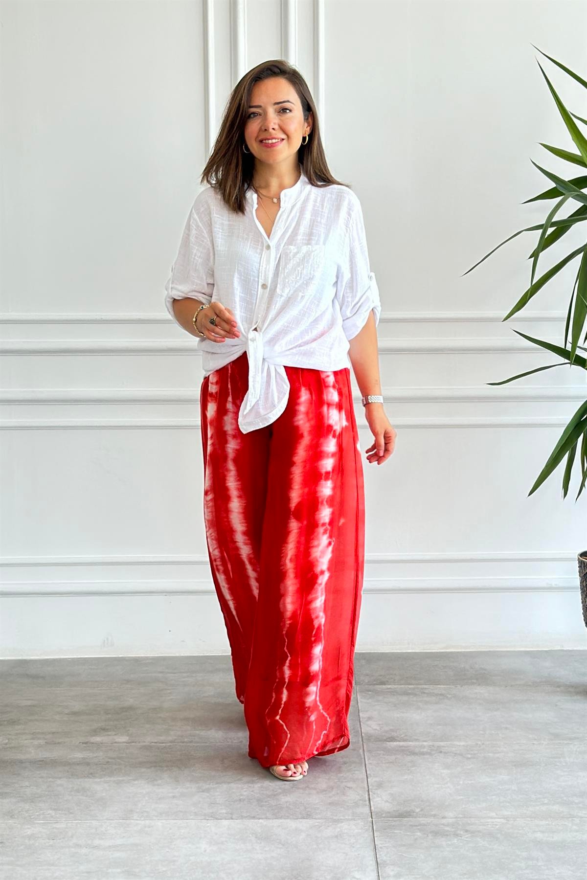 Batik Desenli İpek Bol Paça Pantolon