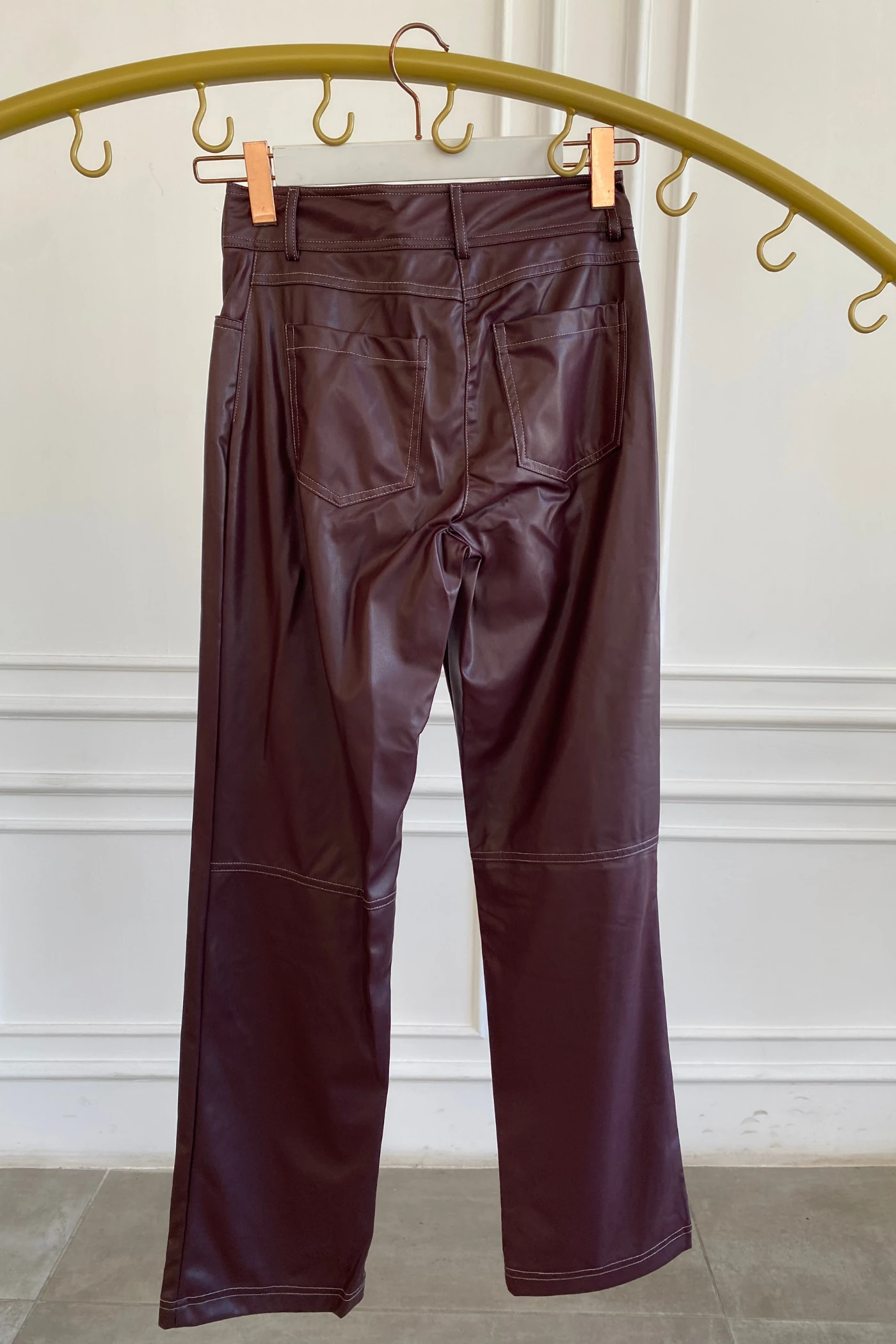 Sıvama Şardonlu Deri Pantolon - BORDO